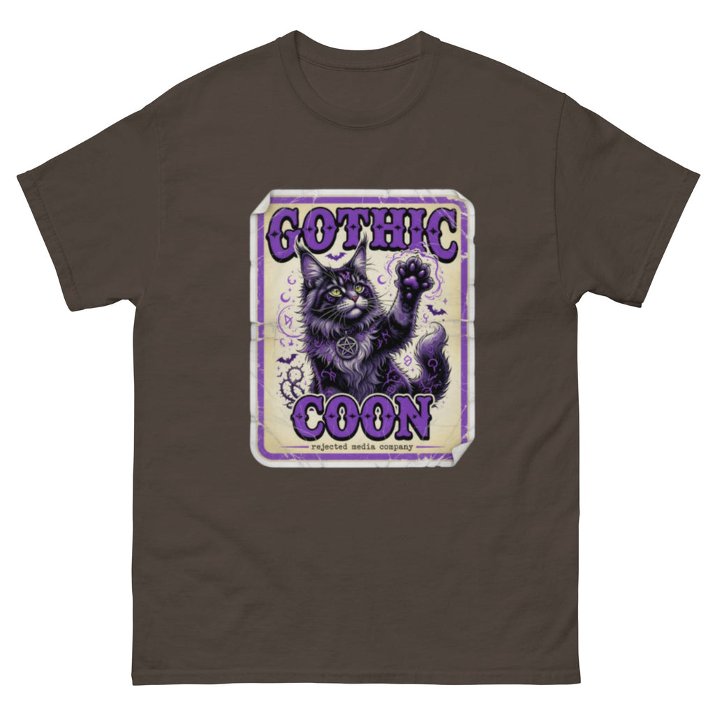 Gothic Coon tee — purple and black Maine Coon cat with a pentacle collar and one paw raised, vintage poster frame