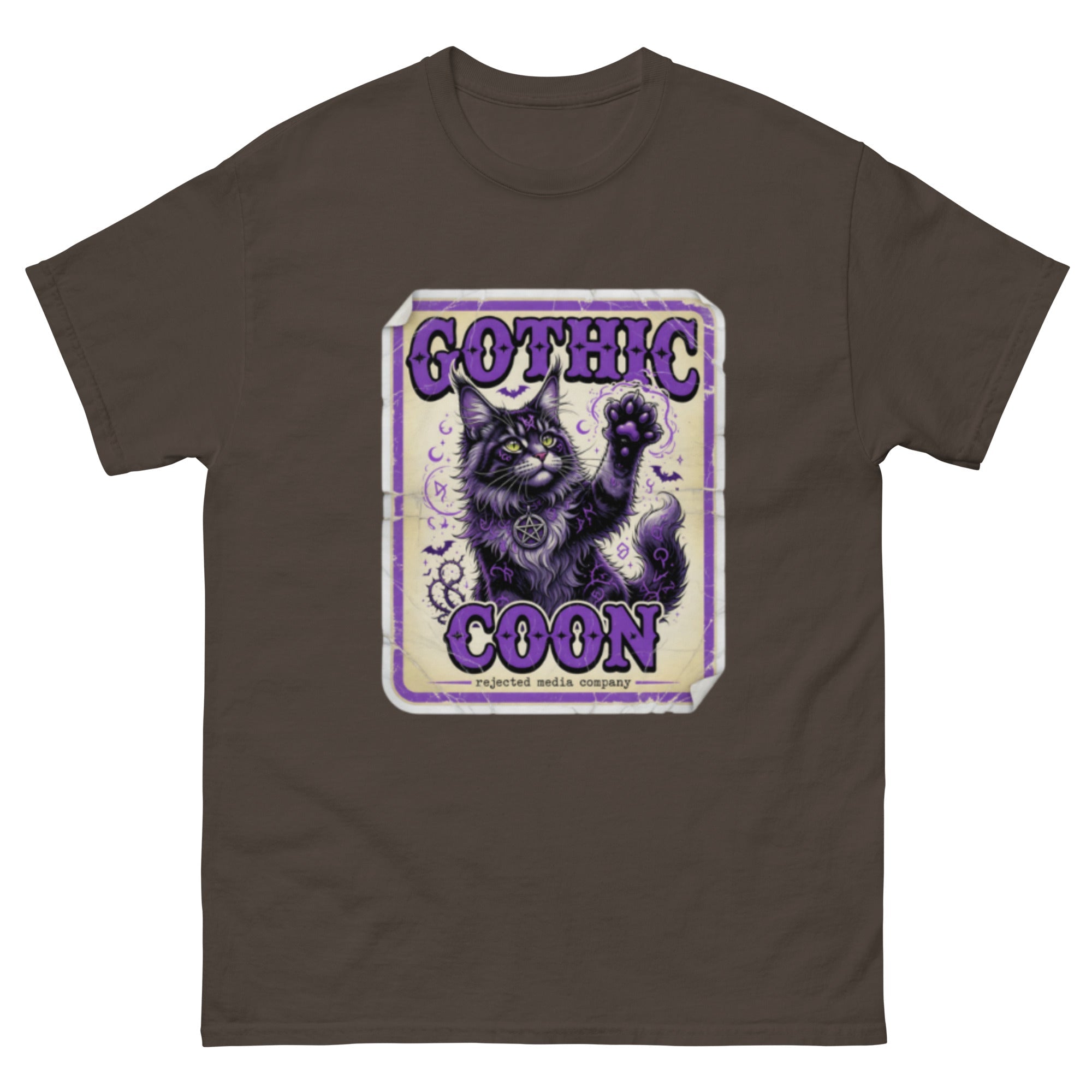 Gothic Coon tee — purple and black Maine Coon cat with a pentacle collar and one paw raised, vintage poster frame