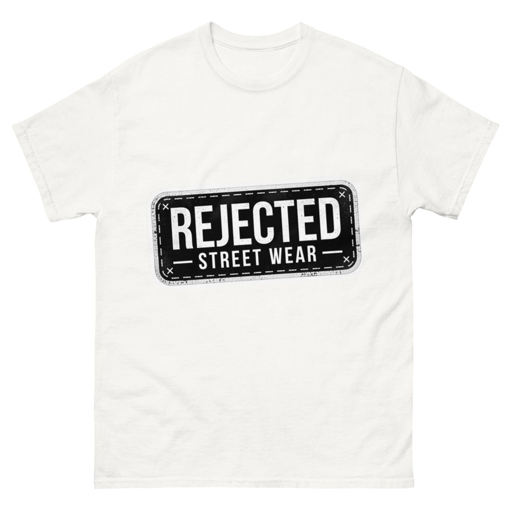 Rejected Street Wear plate logo tee — stamped black plate with a dashed border, corner x marks and REJECTED STREET WEAR inside