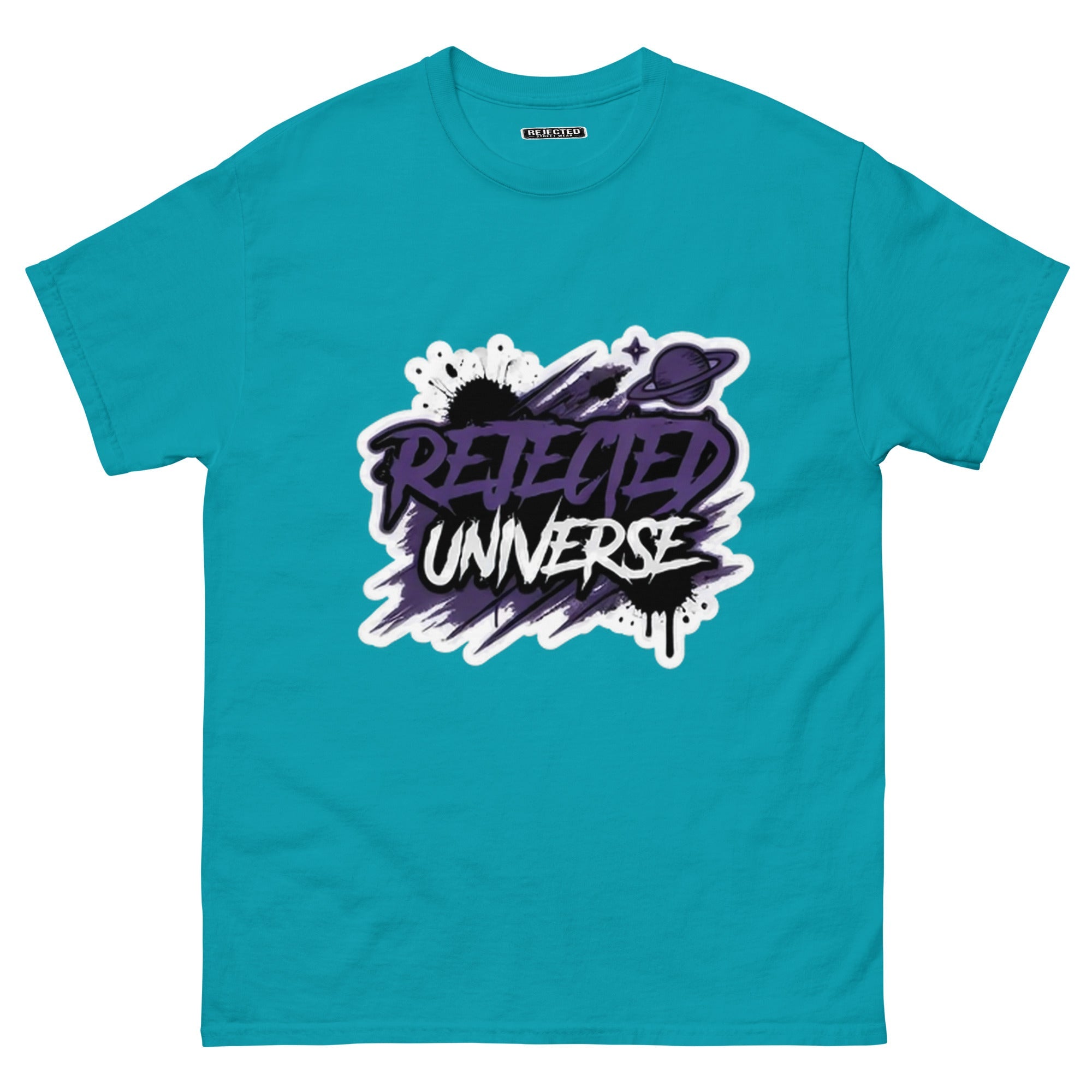 Rejected Universe logo tee in purple — leaning graffiti tag with an orbiting planet and spray splatter