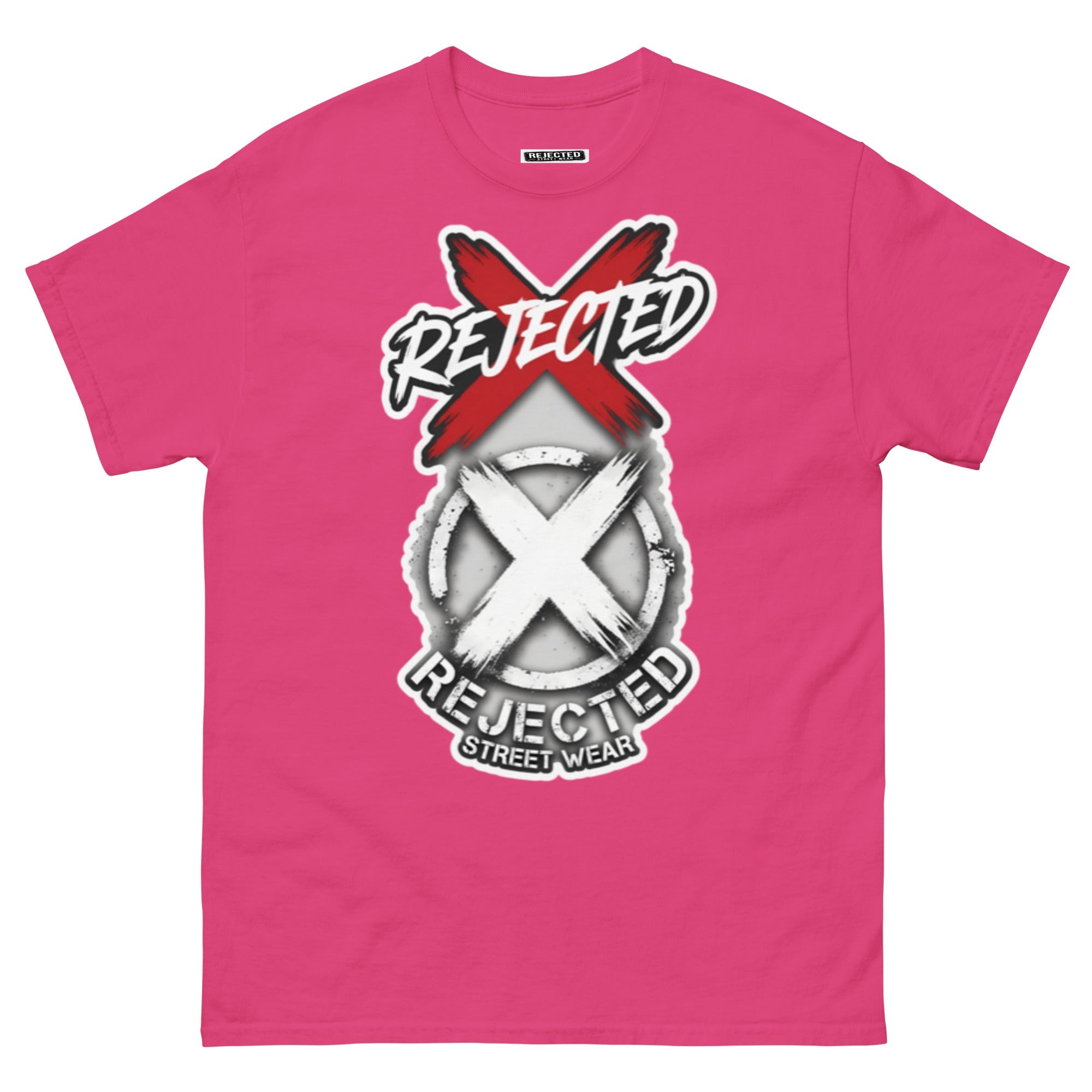 Reject Labels Be Human tee — REJECTED crossed out in red above the X emblem with the word Human underneath