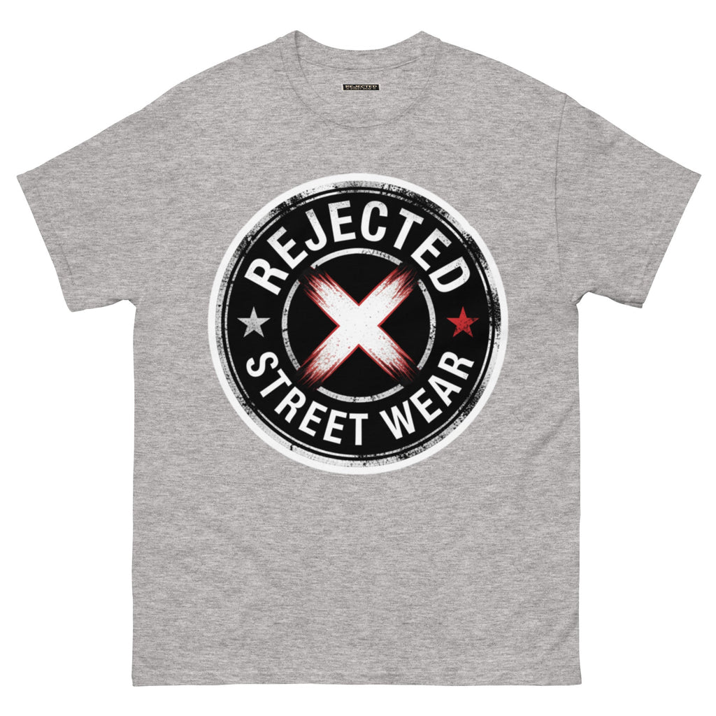 Rejected Street Wear barbed wire seal tee — distressed circular badge with REJECTED arched over a red and white brushed X