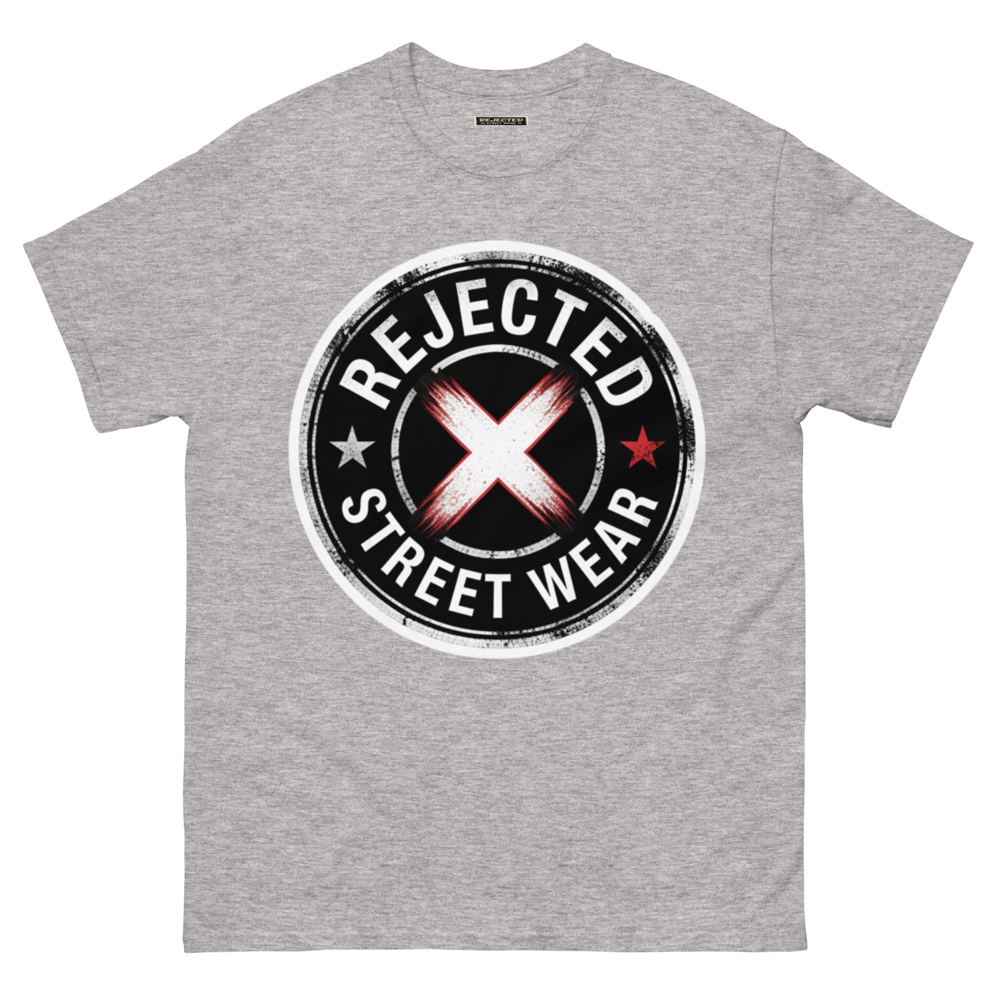 Rejected Street Wear barbed wire seal tee — distressed circular badge with REJECTED arched over a red and white brushed X