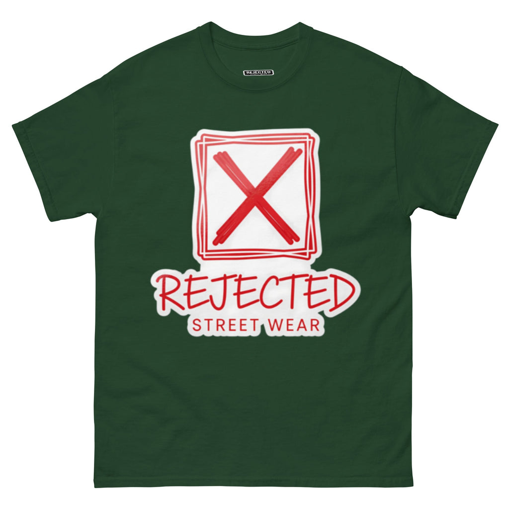 Rejected Street Wear box logo tee — hand-drawn red frame with a brushed X and REJECTED STREET WEAR in red beneath