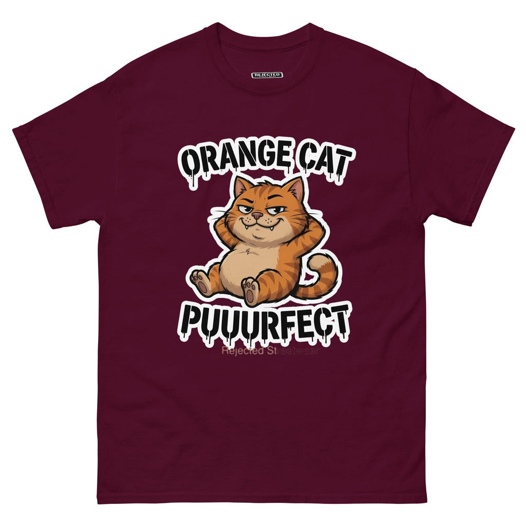 Orange Cat Puuurfect tee — chunky reclined orange tabby under arched drippy graffiti lettering