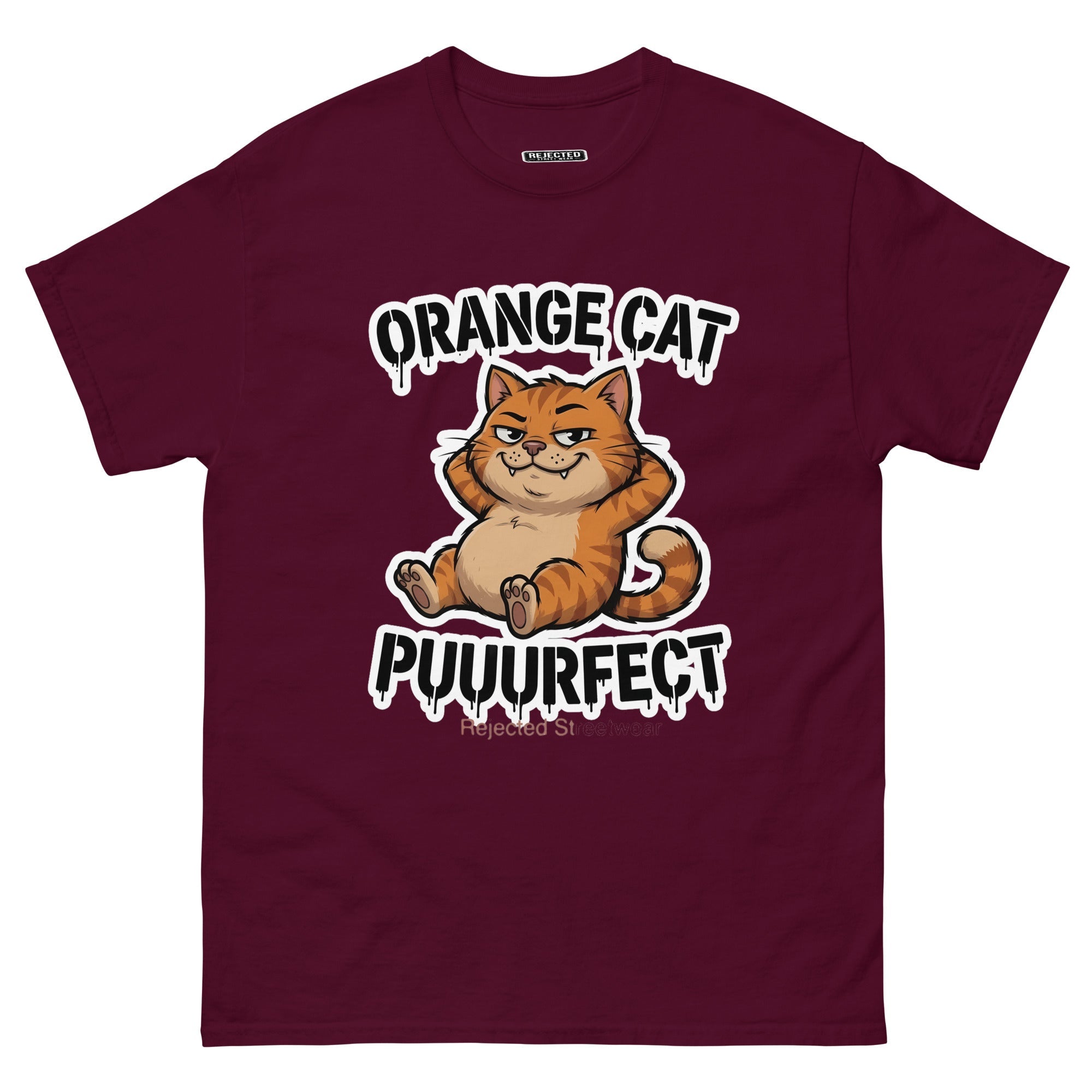Orange Cat Puuurfect tee — chunky reclined orange tabby under arched drippy graffiti lettering