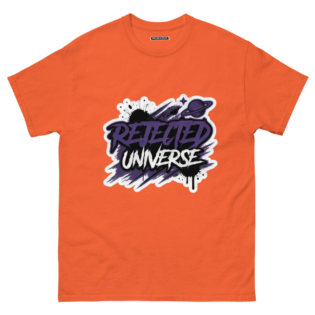 Rejected Universe logo tee in purple — leaning graffiti tag with an orbiting planet and spray splatter