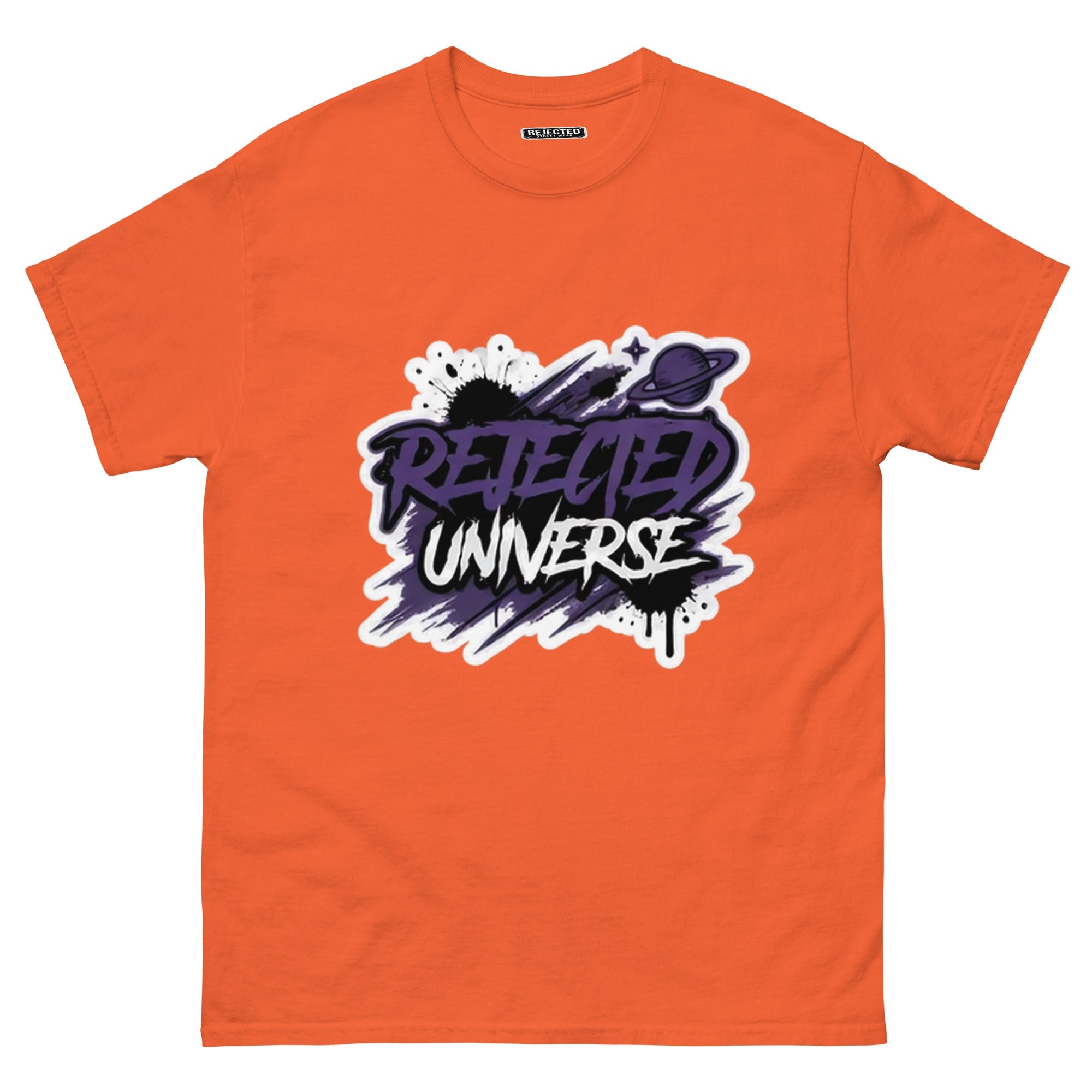 Rejected Universe logo tee in purple — leaning graffiti tag with an orbiting planet and spray splatter
