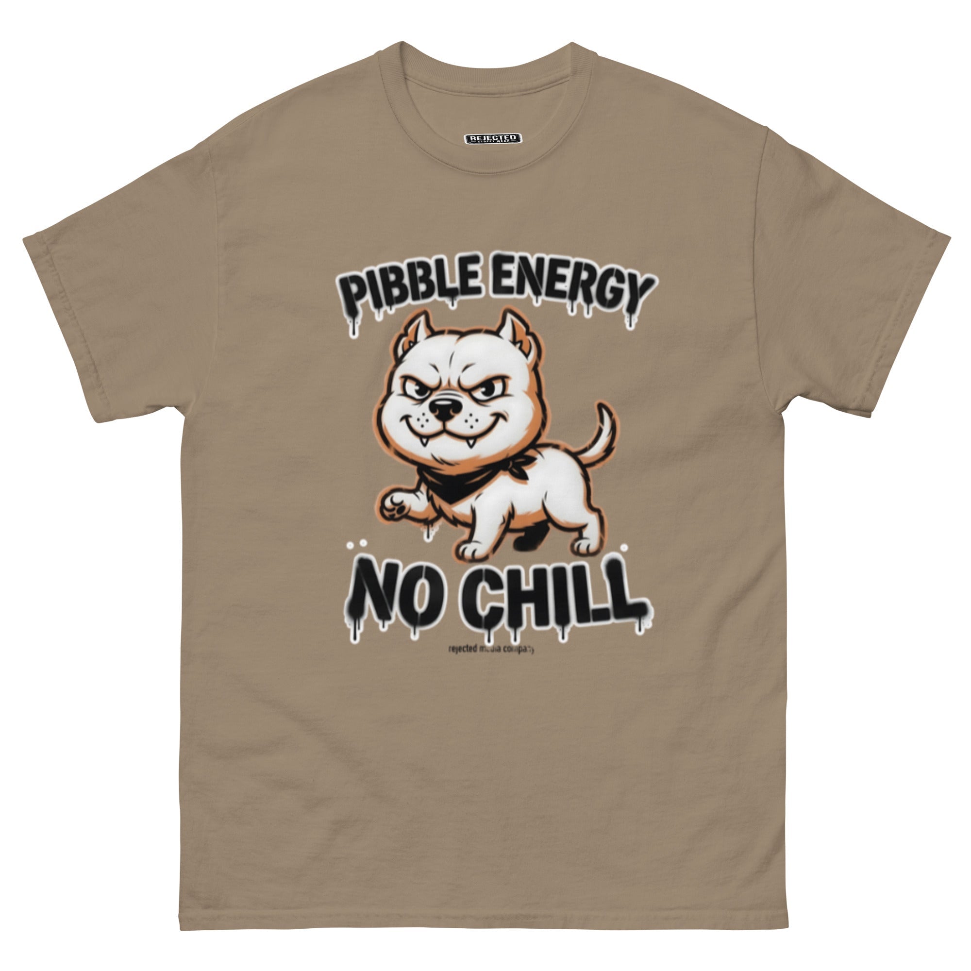 Pibble Energy No Chill tee — grinning bully pup at a dead sprint under graffiti lettering