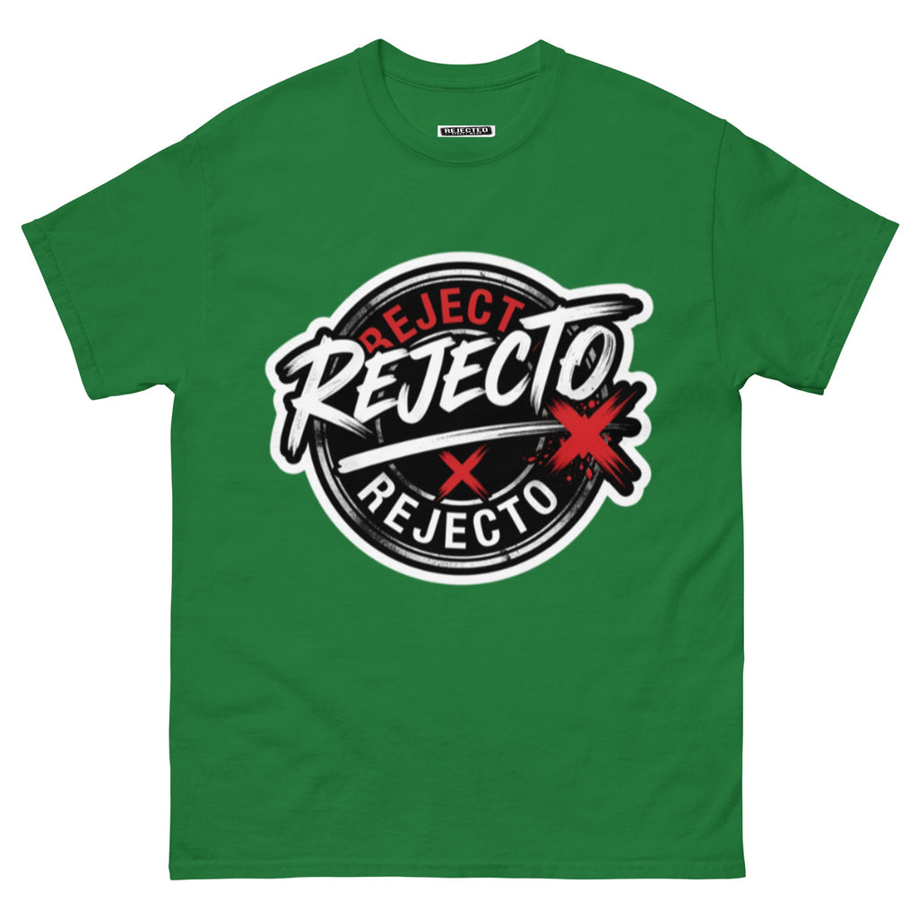 Rejected Street Wear emblem tee — black circle badge with white brush script and a red X slash