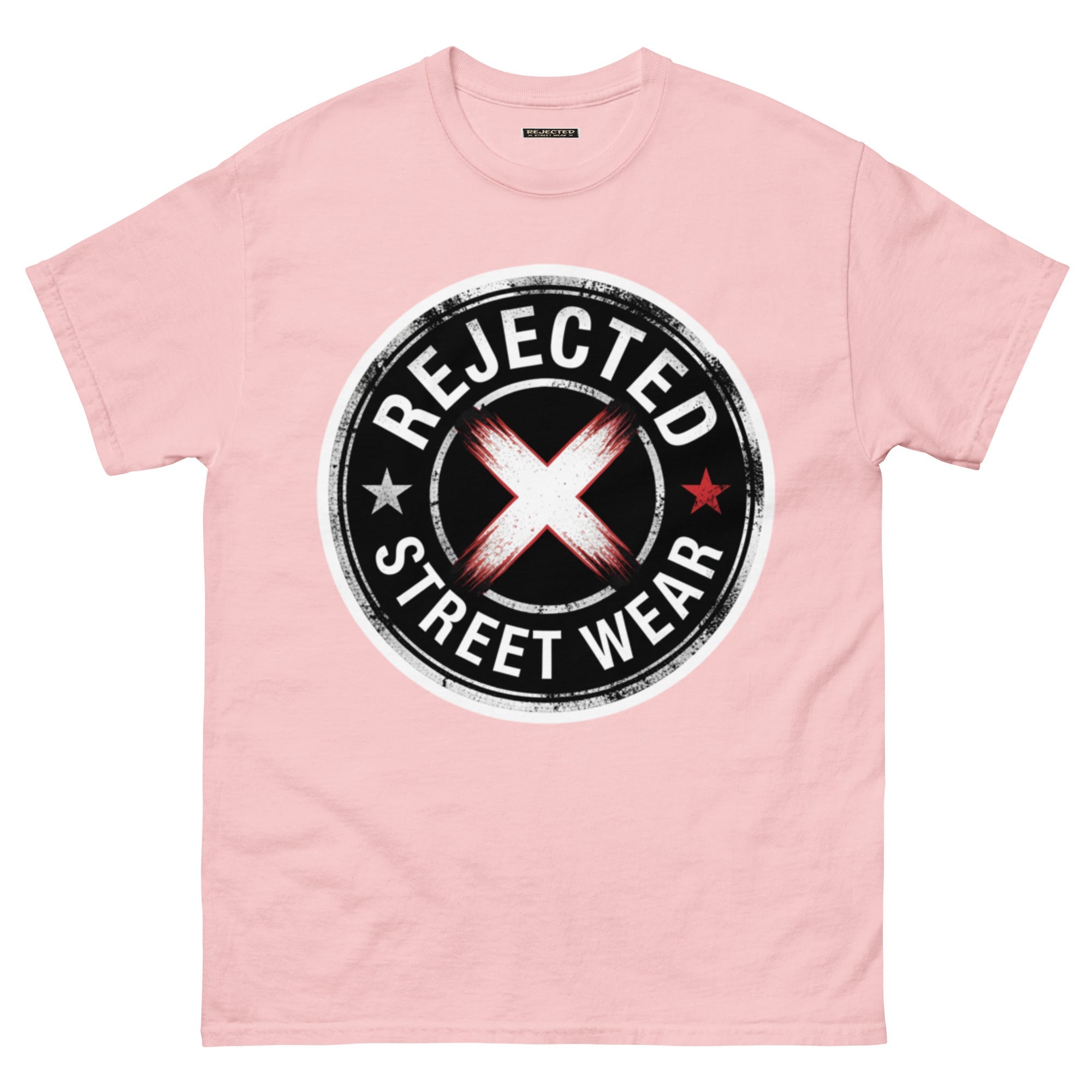 Rejected Street Wear barbed wire seal tee — distressed circular badge with REJECTED arched over a red and white brushed X