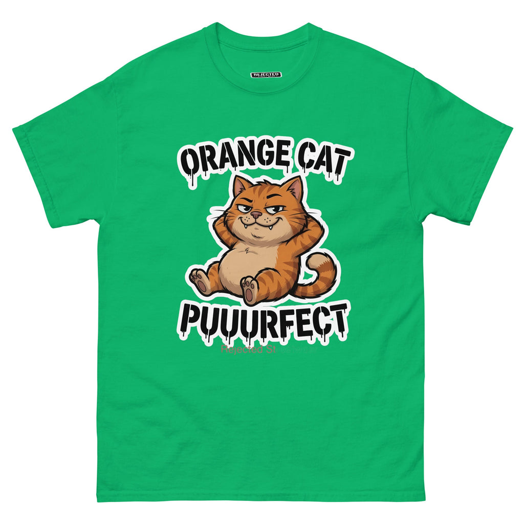 Orange Cat Puuurfect tee — chunky reclined orange tabby under arched drippy graffiti lettering