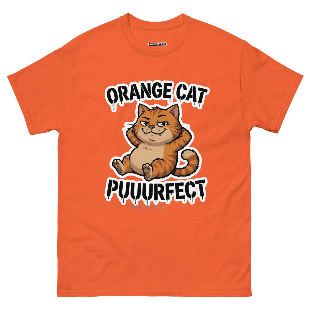 Orange Cat Puuurfect tee — chunky reclined orange tabby under arched drippy graffiti lettering
