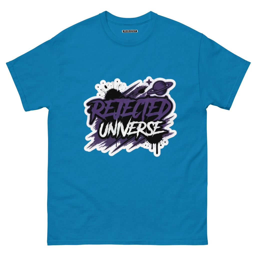 Rejected Universe logo tee in purple — leaning graffiti tag with an orbiting planet and spray splatter