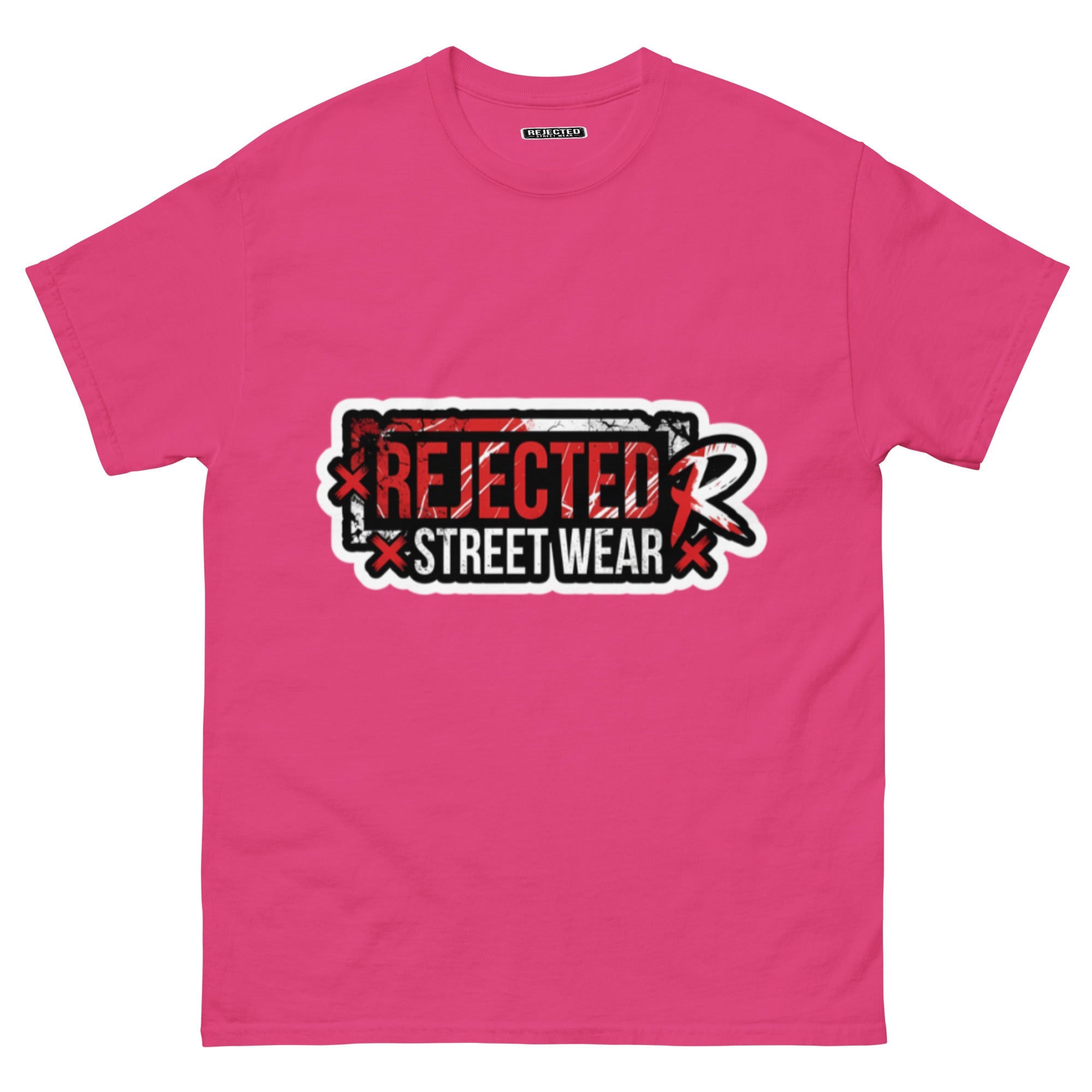 Rejected Street Wear red box logo tee — red-framed REJECTED STREET WEAR stamp with corner x marks and a red slash