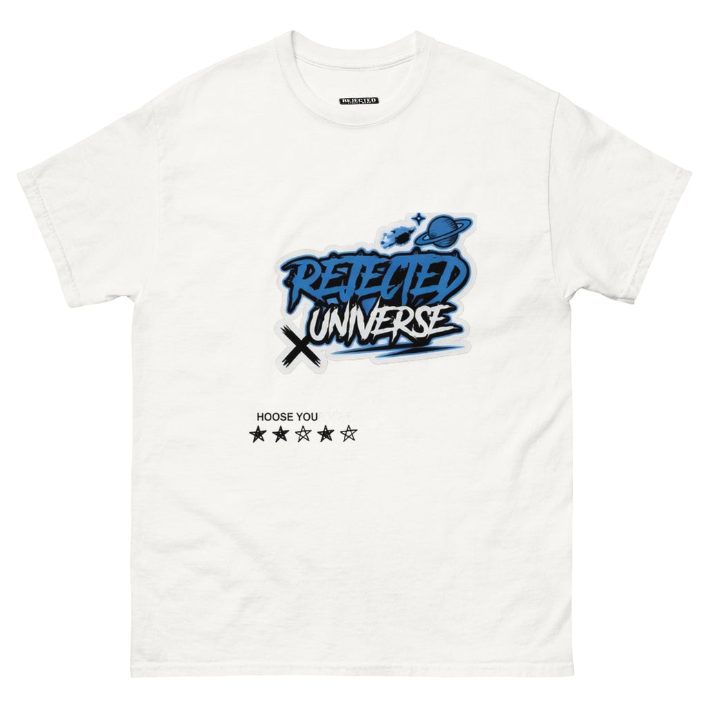 Rejected Universe logo tee in blue — graffiti tag with a planet and trailing stars