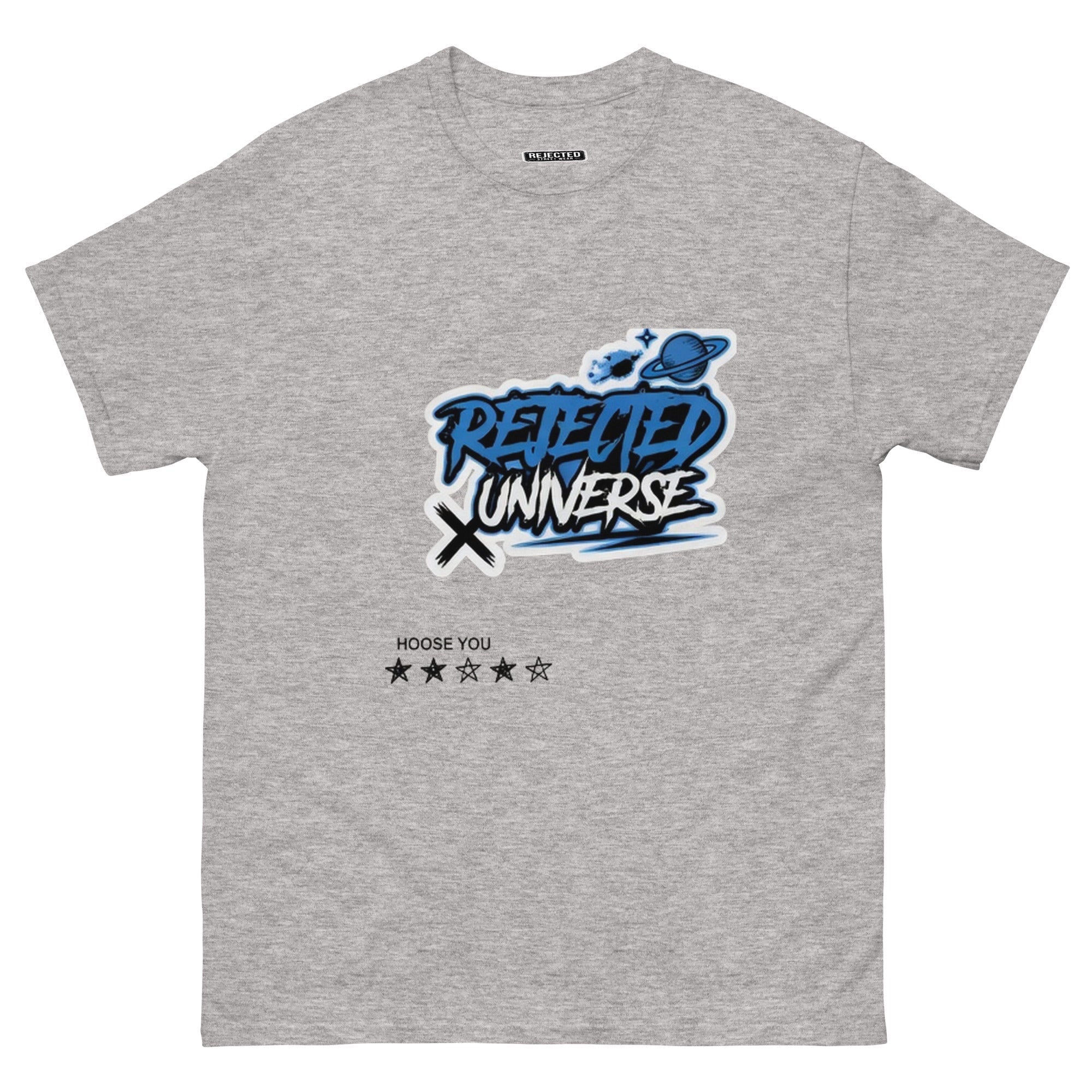 Rejected Universe logo tee in blue — graffiti tag with a planet and trailing stars