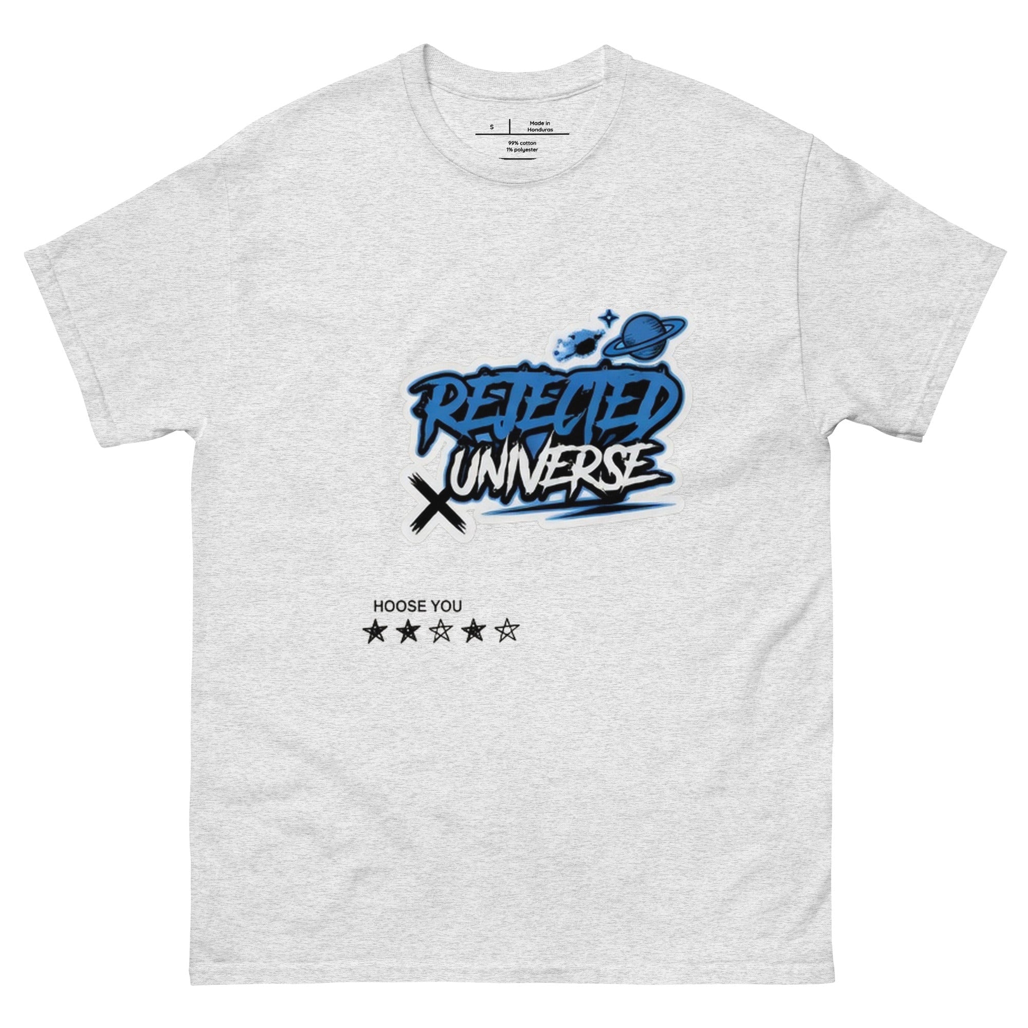 Rejected Universe logo tee in blue — graffiti tag with a planet and trailing stars
