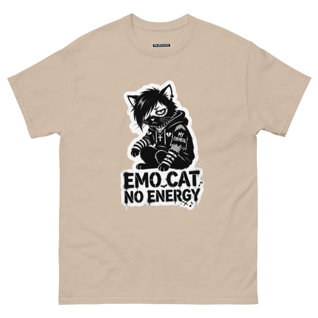 Emo Cat No Energy tee — grey cat with side-swept bangs and a patched hoodie under spray-paint lettering