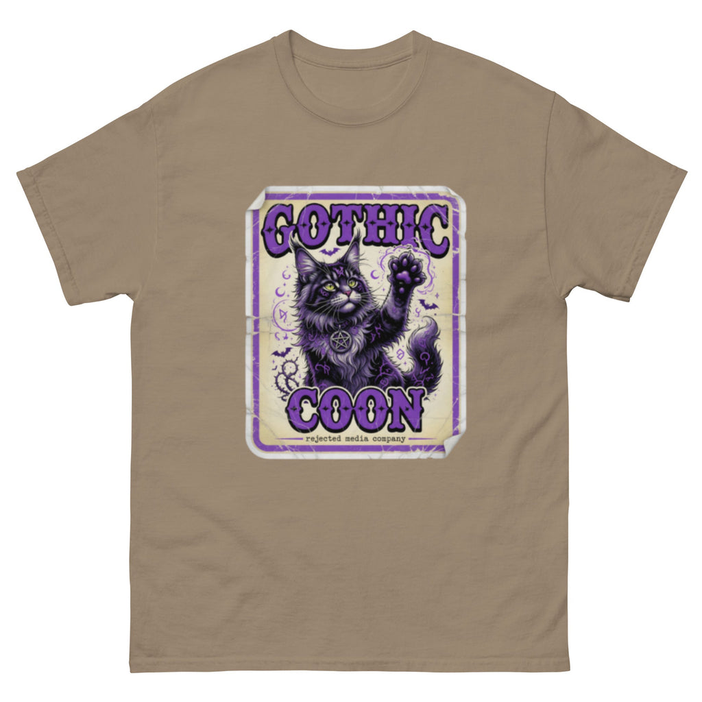 Gothic Coon tee — purple and black Maine Coon cat with a pentacle collar and one paw raised, vintage poster frame