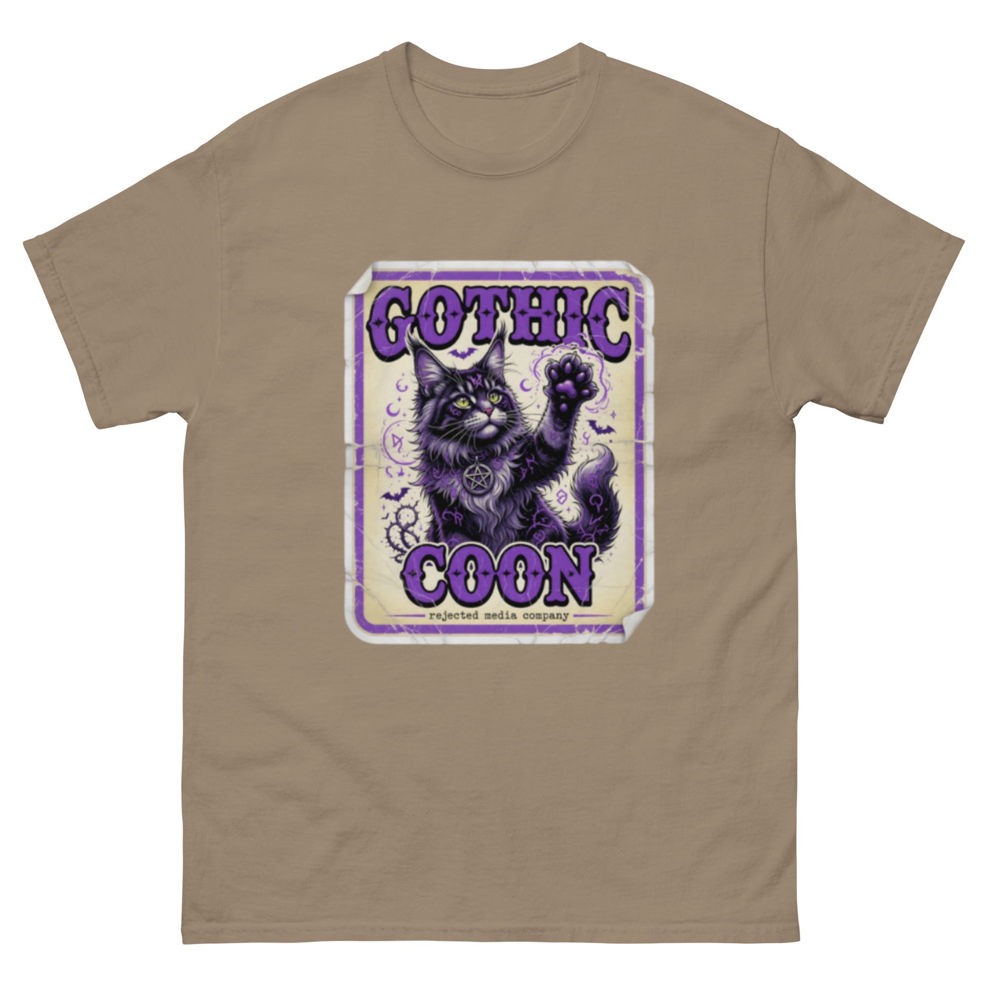 Gothic Coon tee — purple and black Maine Coon cat with a pentacle collar and one paw raised, vintage poster frame