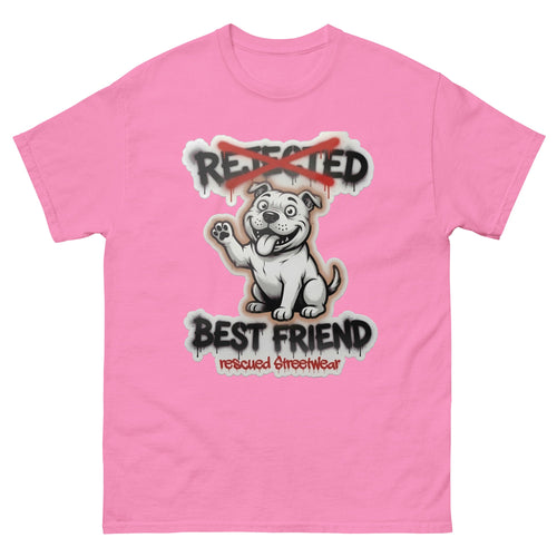 Best Friend pit bull tee — white bully pup waving a paw with REJECTED crossed out in red and BEST FRIEND sprayed below