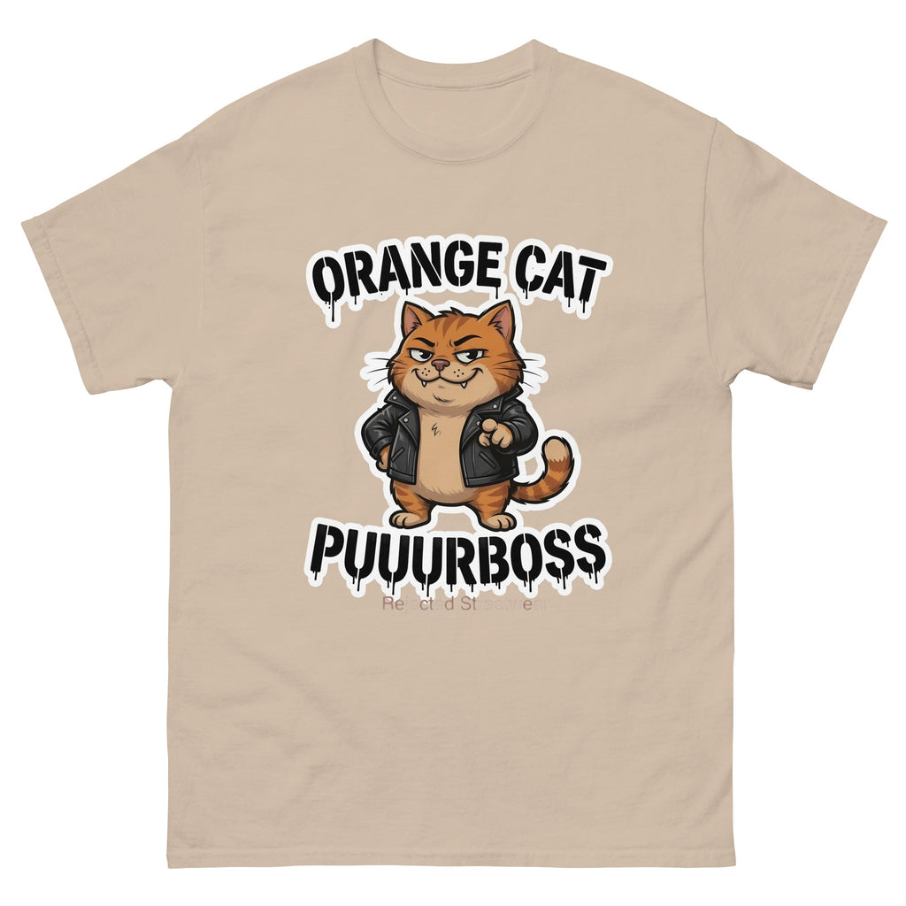Purrboss orange cat tee — orange tabby in a leather jacket, arms crossed, under arched graffiti lettering