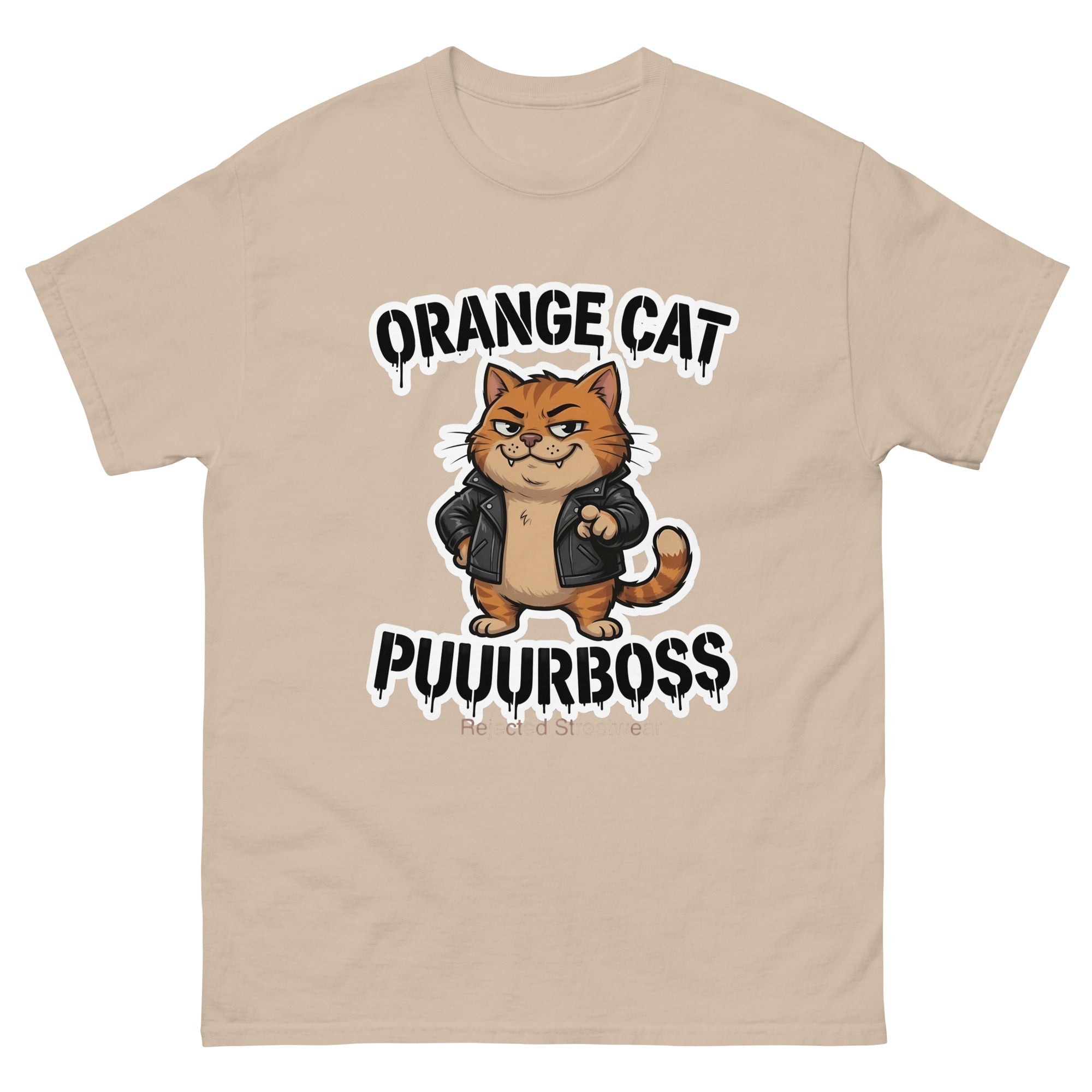 Purrboss orange cat tee — orange tabby in a leather jacket, arms crossed, under arched graffiti lettering