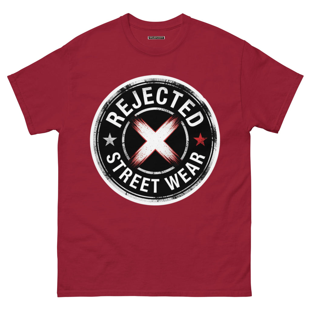 Rejected Street Wear barbed wire seal tee — distressed circular badge with REJECTED arched over a red and white brushed X