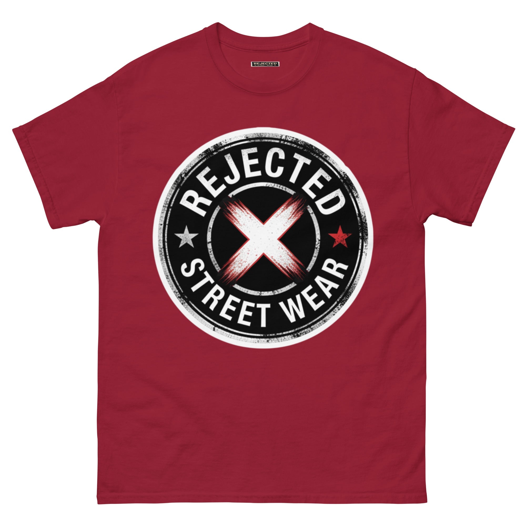 Rejected Street Wear barbed wire seal tee — distressed circular badge with REJECTED arched over a red and white brushed X
