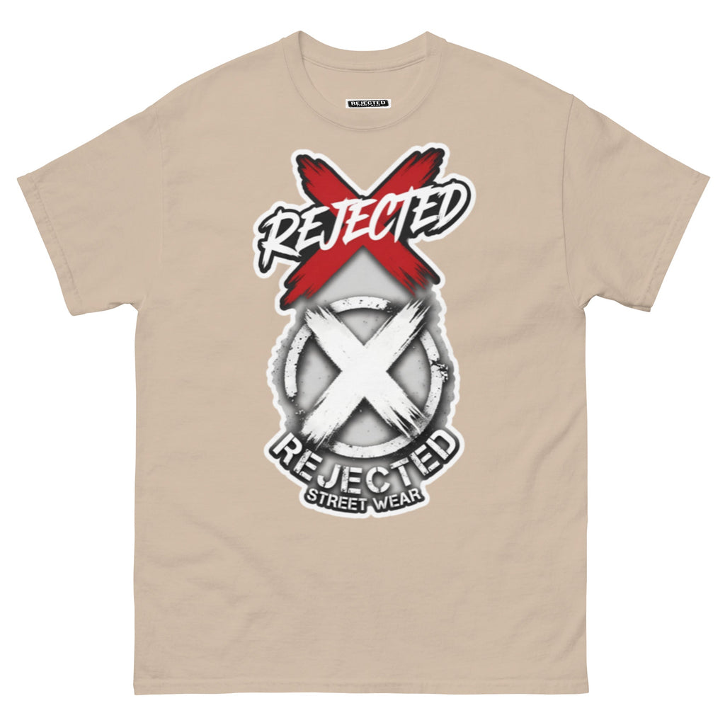 Reject Labels Be Human tee — REJECTED crossed out in red above the X emblem with the word Human underneath