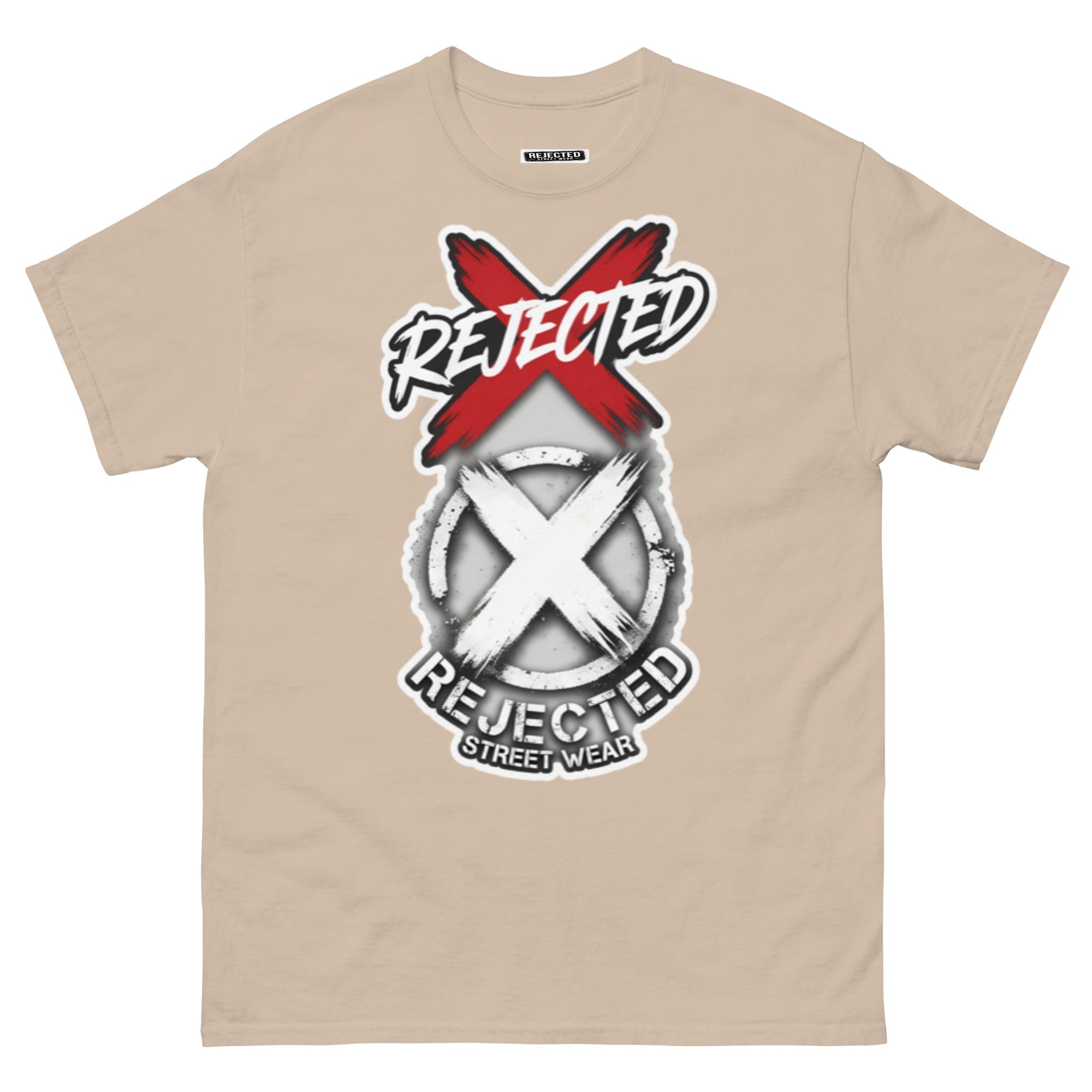 Reject Labels Be Human tee — REJECTED crossed out in red above the X emblem with the word Human underneath