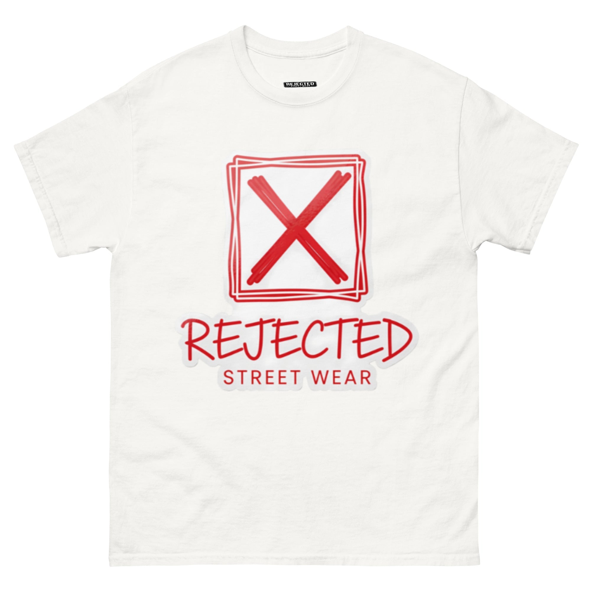Rejected Street Wear box logo tee — hand-drawn red frame with a brushed X and REJECTED STREET WEAR in red beneath