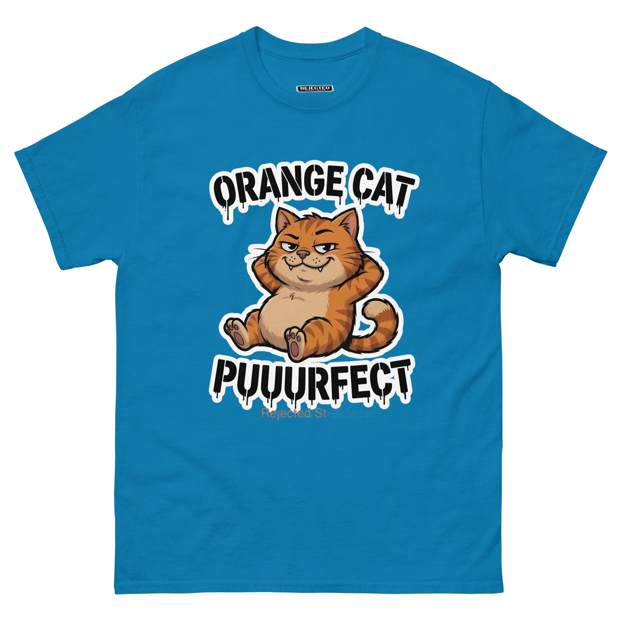 Orange Cat Puuurfect tee — chunky reclined orange tabby under arched drippy graffiti lettering