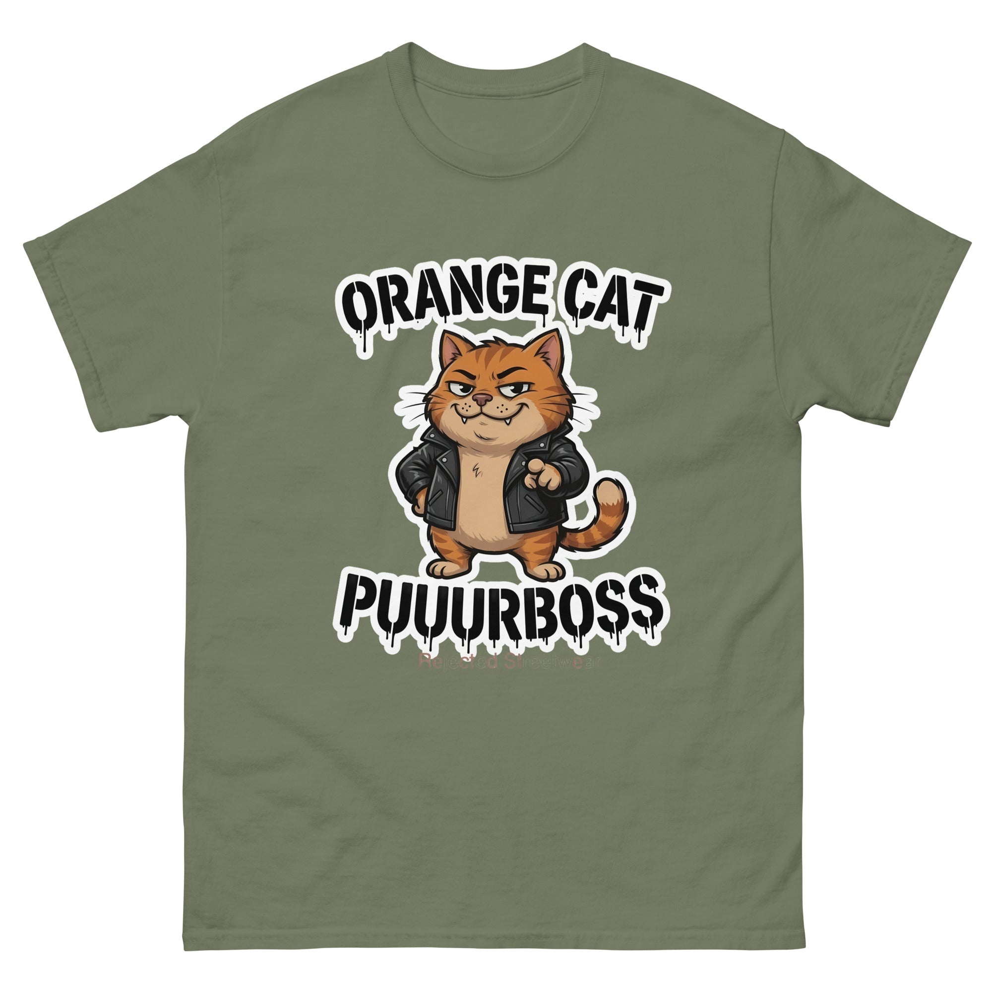 Purrboss orange cat tee — orange tabby in a leather jacket, arms crossed, under arched graffiti lettering