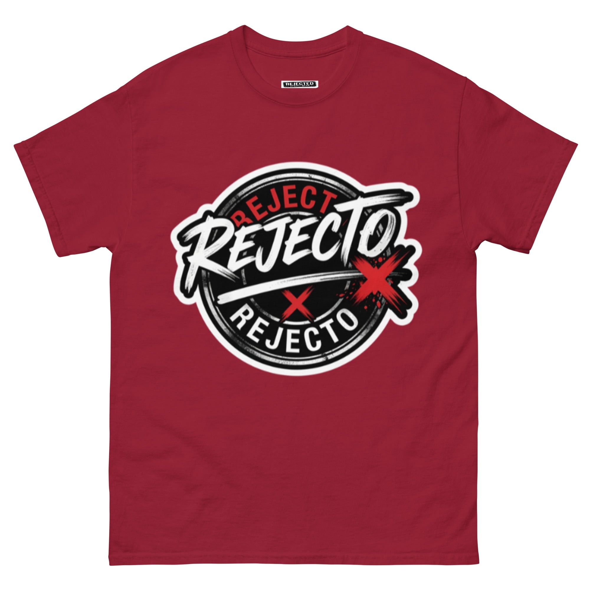 Rejected Street Wear emblem tee — black circle badge with white brush script and a red X slash