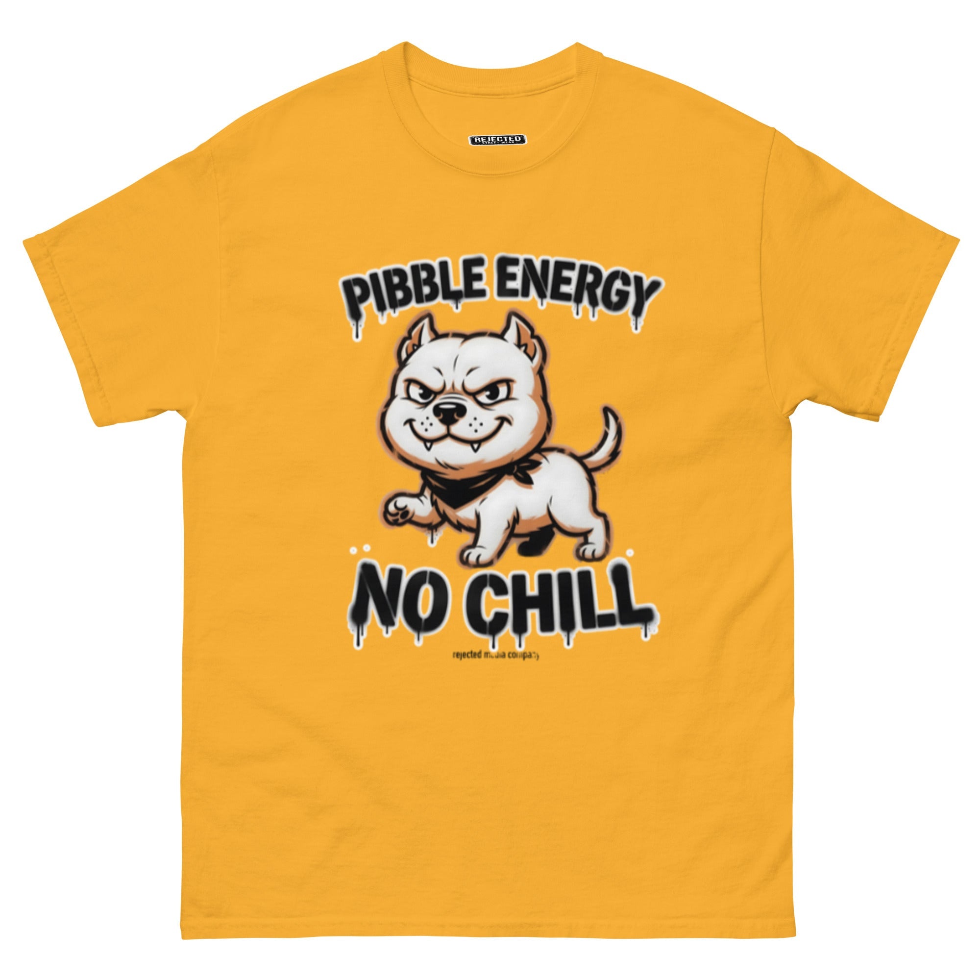 Pibble Energy No Chill tee — grinning bully pup at a dead sprint under graffiti lettering