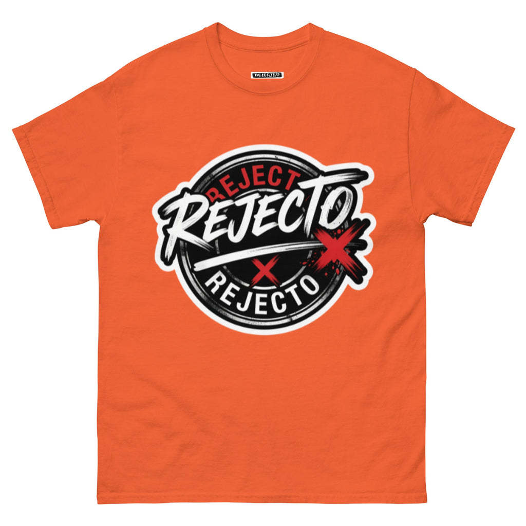 Rejected Street Wear emblem tee — black circle badge with white brush script and a red X slash