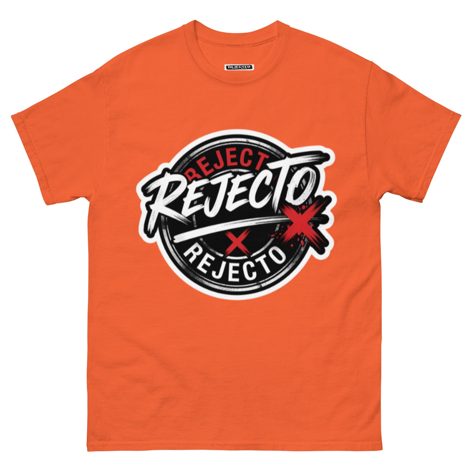 Rejected Street Wear emblem tee — black circle badge with white brush script and a red X slash