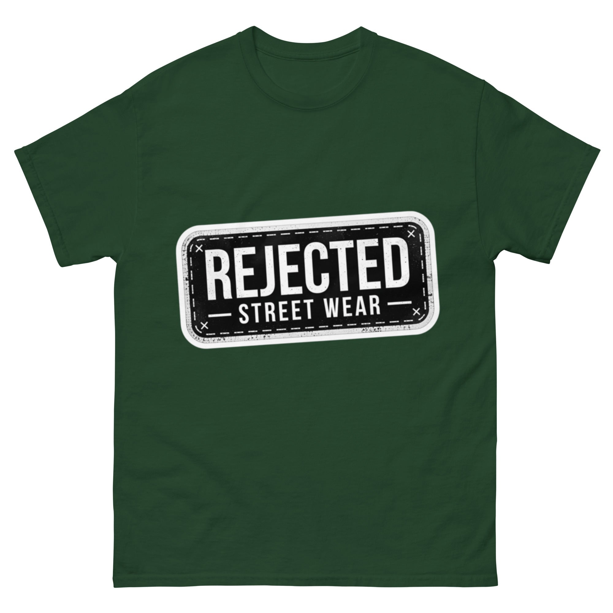 Rejected Street Wear plate logo tee — stamped black plate with a dashed border, corner x marks and REJECTED STREET WEAR inside