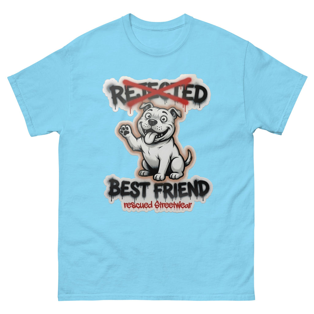 Best Friend pit bull tee — white bully pup waving a paw with REJECTED crossed out in red and BEST FRIEND sprayed below