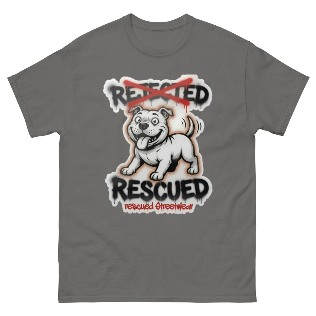 Rescued pit bull tee — white pit bull with REJECTED crossed out in red and RESCUED sprayed underneath