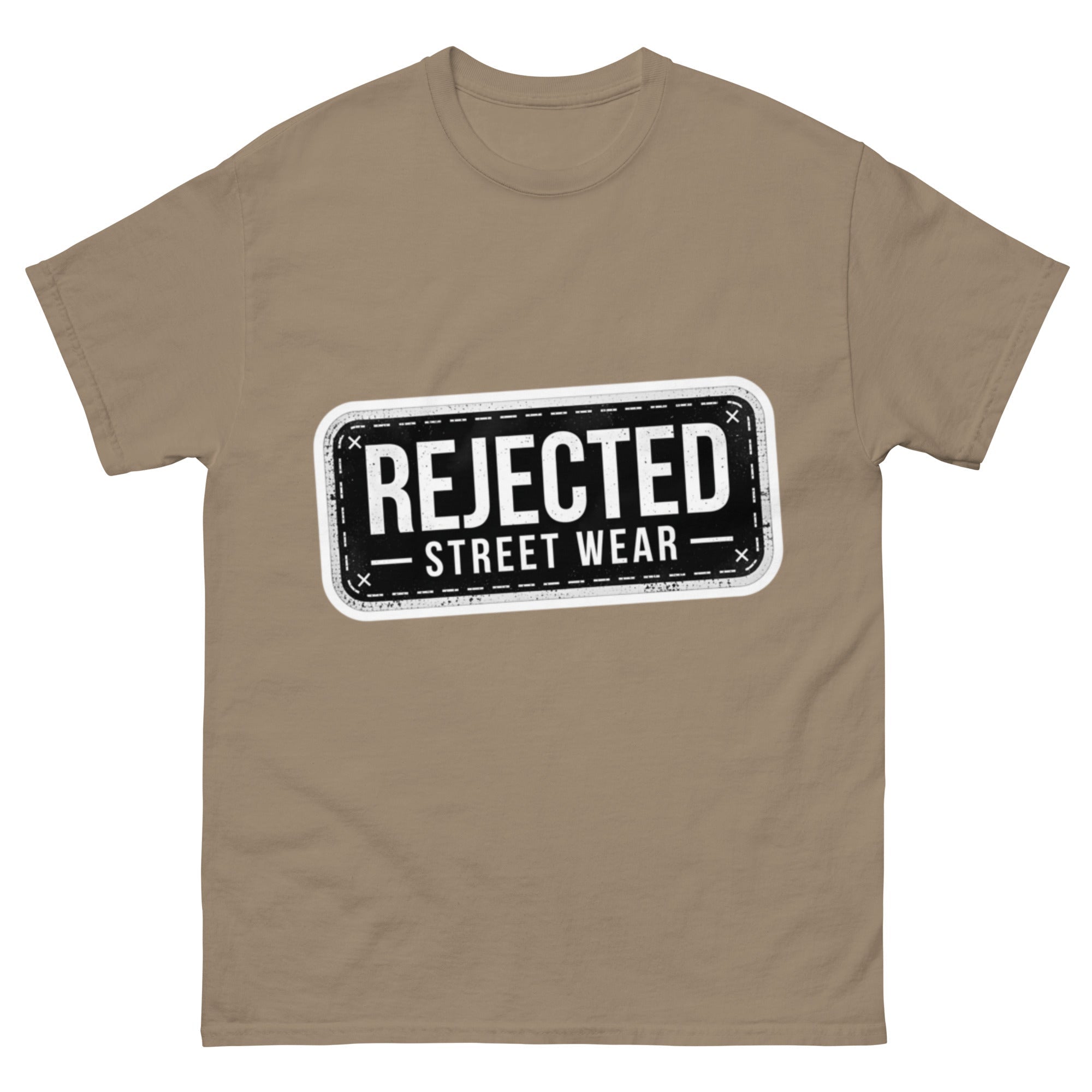 Rejected Street Wear plate logo tee — stamped black plate with a dashed border, corner x marks and REJECTED STREET WEAR inside