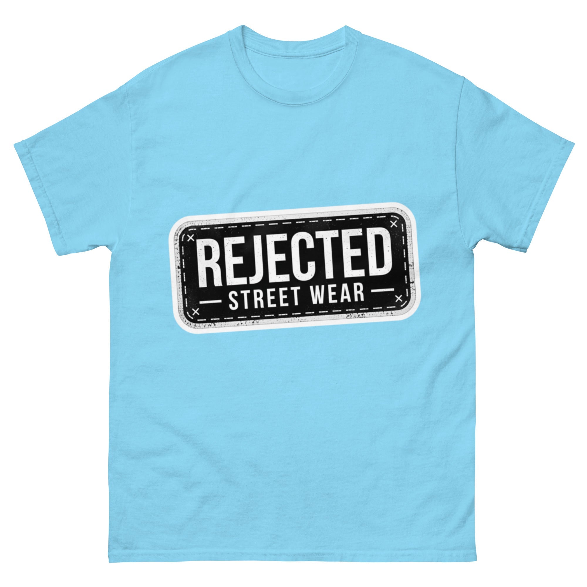 Rejected Street Wear plate logo tee — stamped black plate with a dashed border, corner x marks and REJECTED STREET WEAR inside