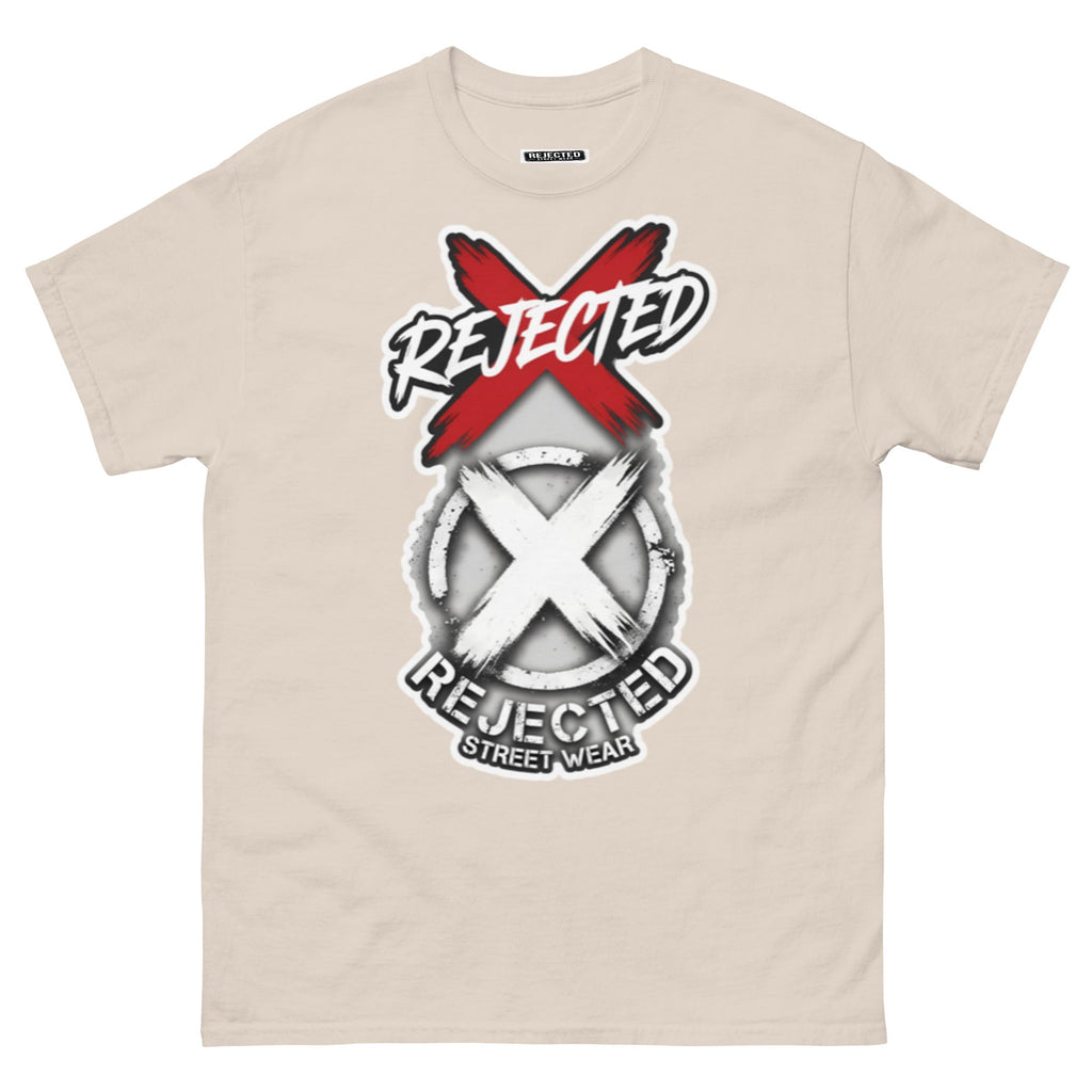 Reject Labels Be Human tee — REJECTED crossed out in red above the X emblem with the word Human underneath