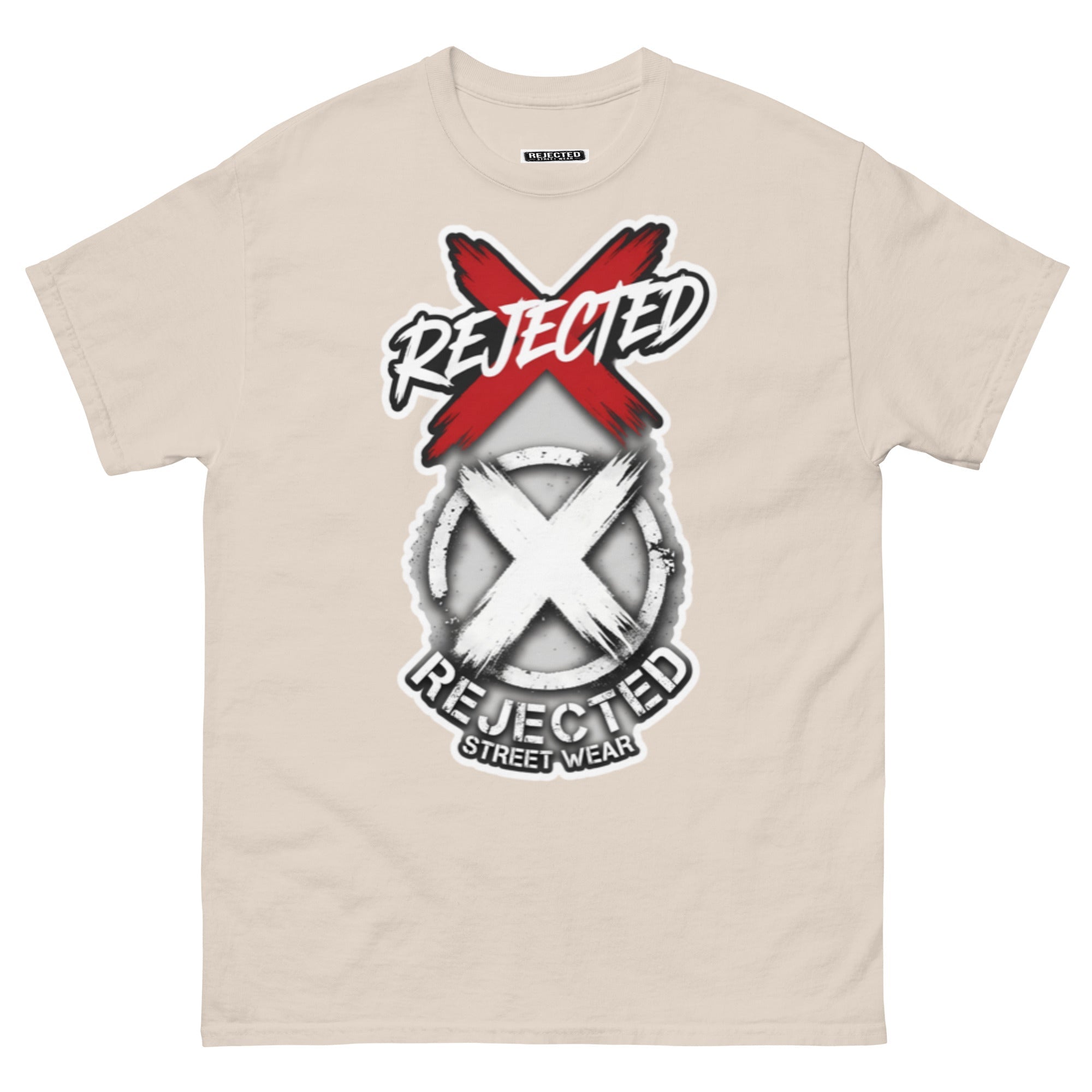 Reject Labels Be Human tee — REJECTED crossed out in red above the X emblem with the word Human underneath