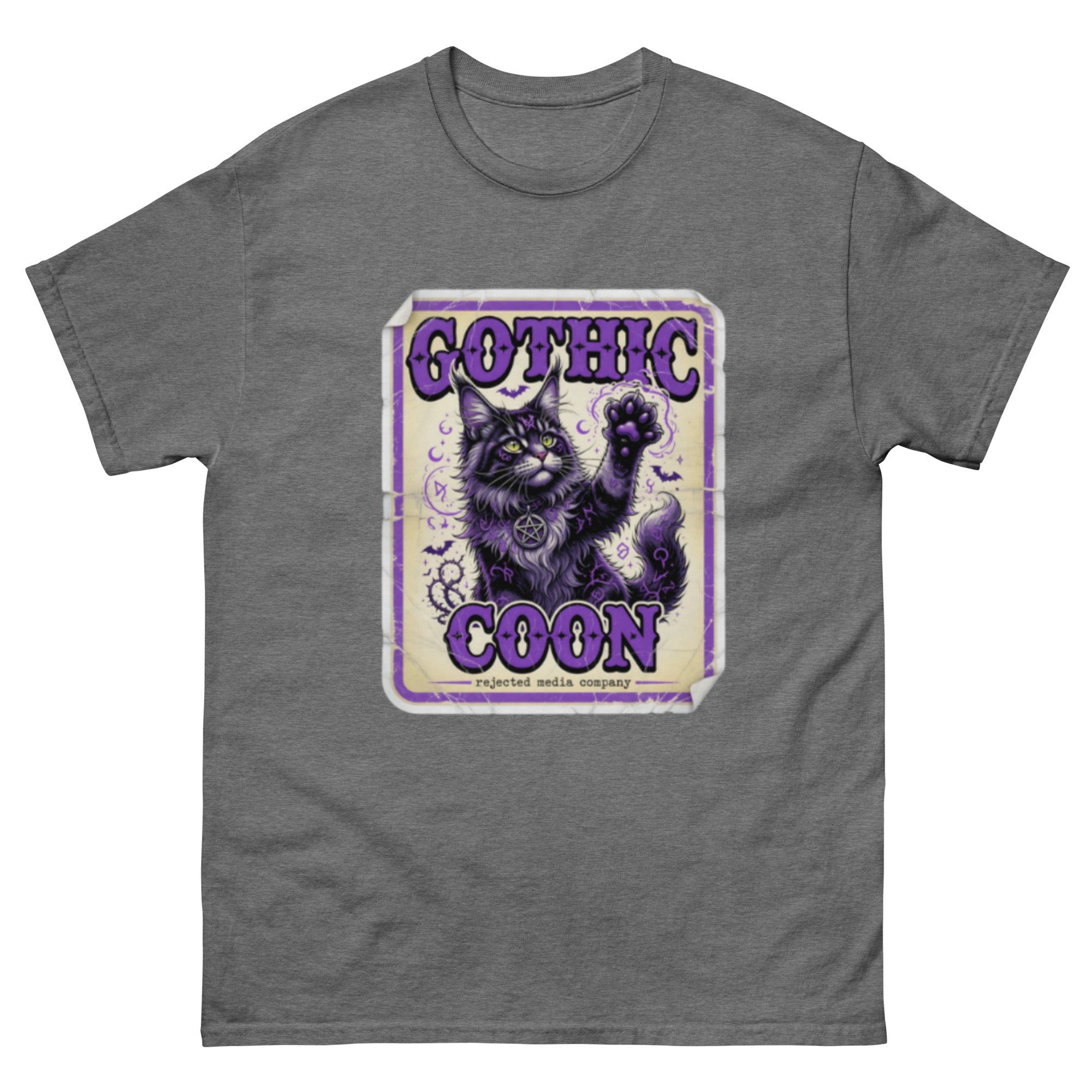 Gothic Coon tee — purple and black Maine Coon cat with a pentacle collar and one paw raised, vintage poster frame