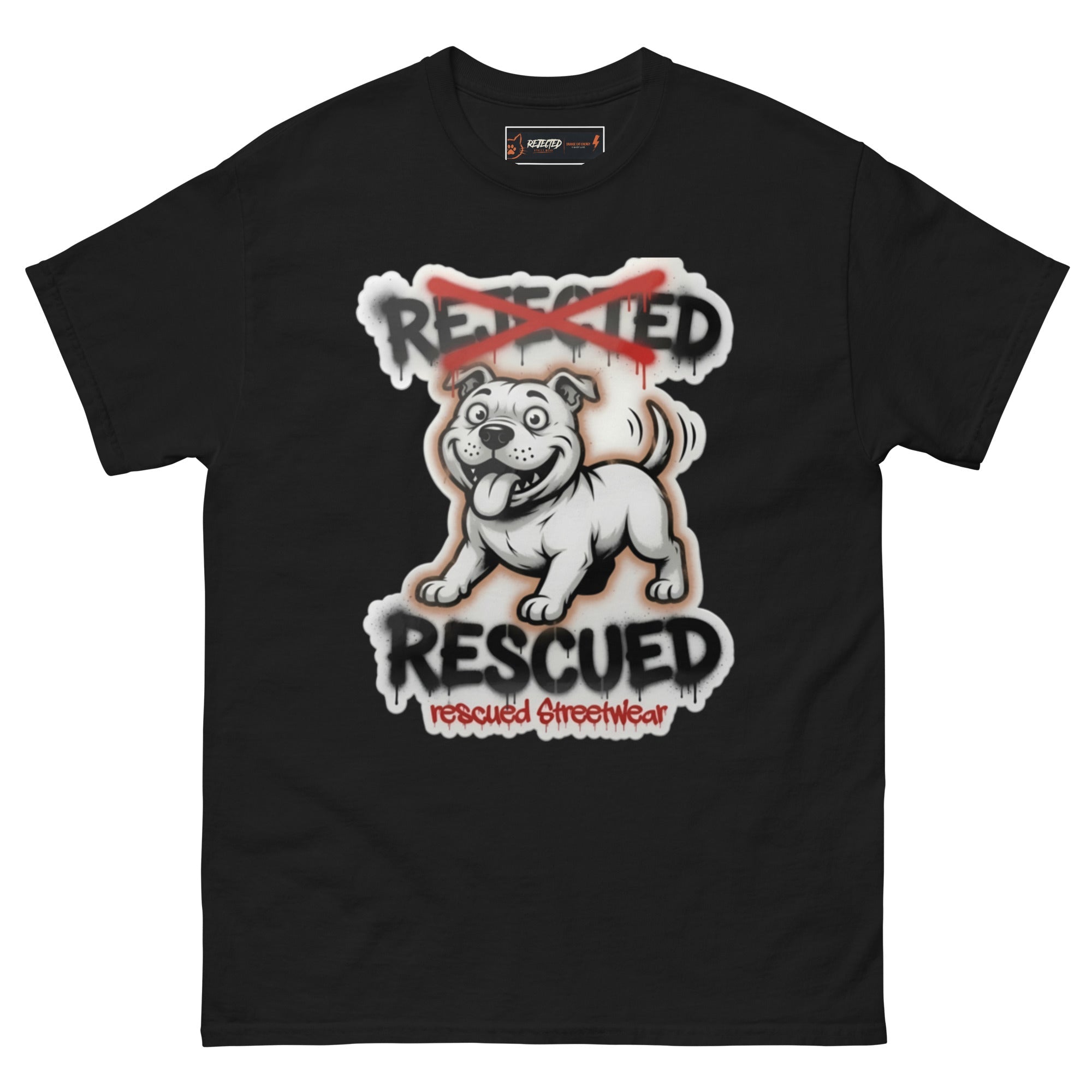 Rescued pit bull tee — white pit bull with REJECTED crossed out in red and RESCUED sprayed underneath