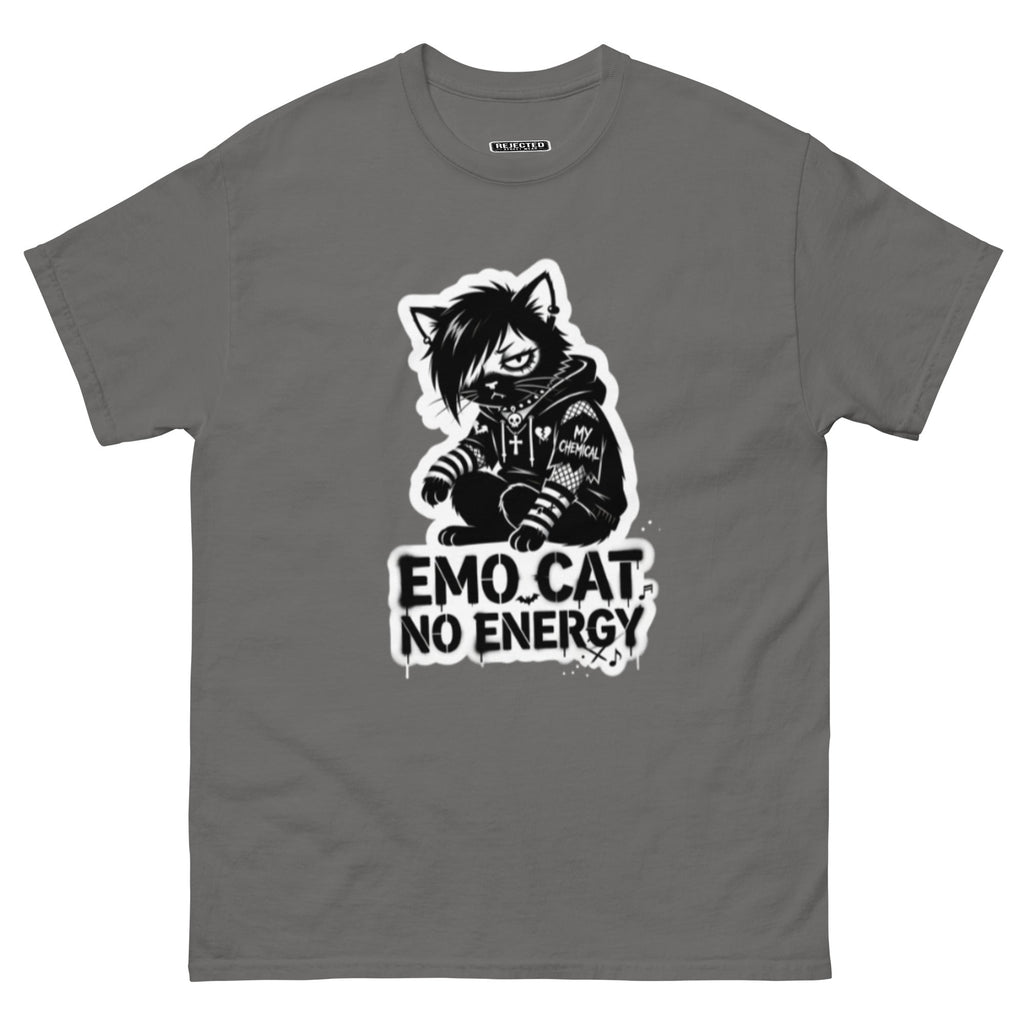 Emo Cat No Energy tee — grey cat with side-swept bangs and a patched hoodie under spray-paint lettering