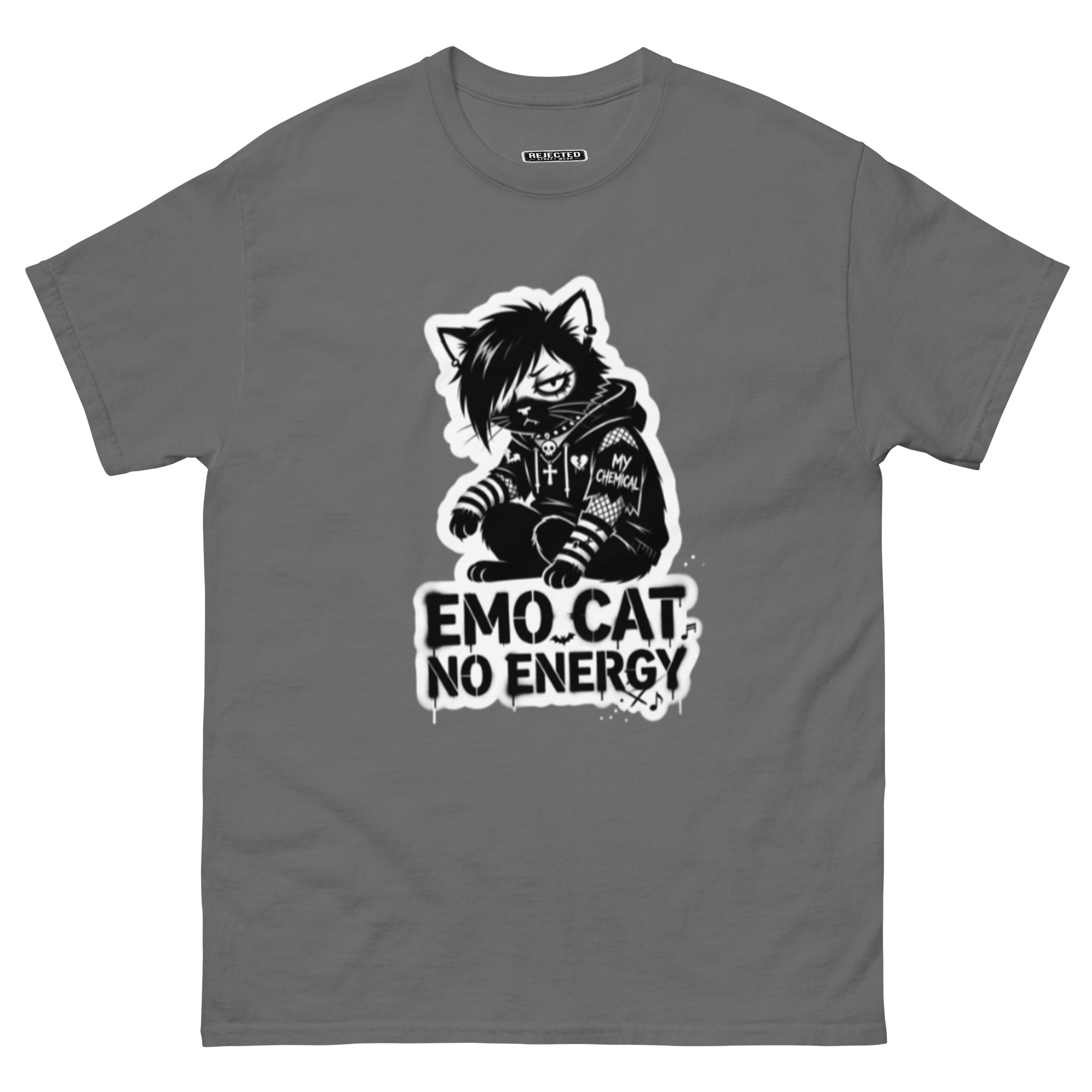 Emo Cat No Energy tee — grey cat with side-swept bangs and a patched hoodie under spray-paint lettering